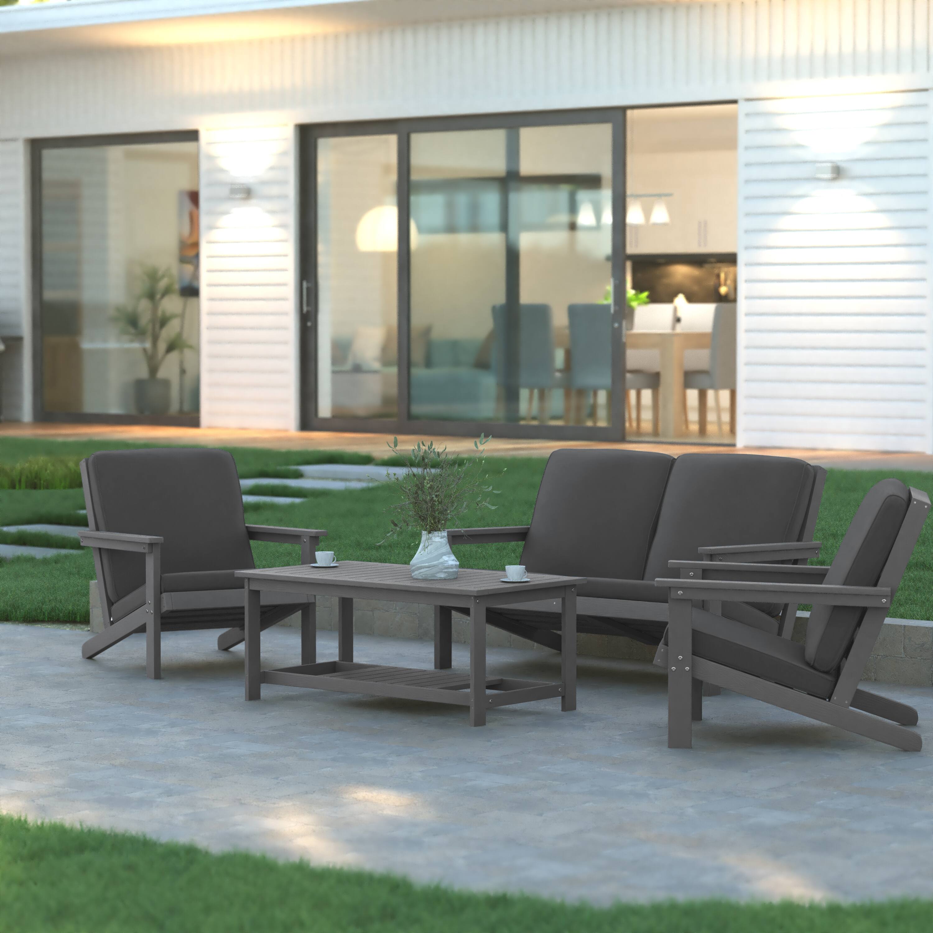 Alt View 4. Emma + Oliver - Hammond All-Weather Polyresin Adirondack Loveseat with Deep Seat and Comfortable Back & Seat Cushions - Gray Cushions/Gray Frame.