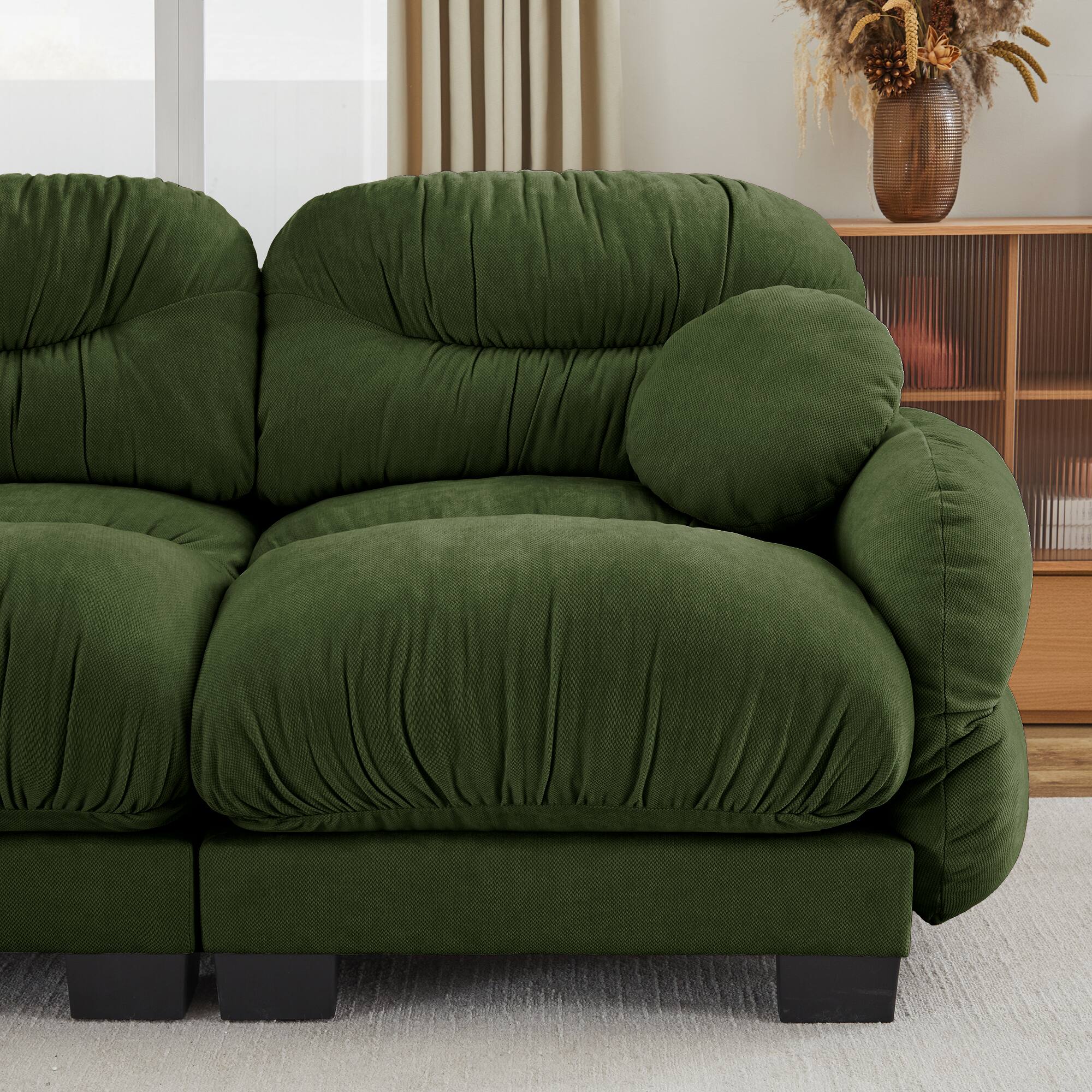 Alt View 8. Anysun - 2-Seater Modular Sofa with Chenille Fabric, High-Density Foam & Curved Armrests, Pleated Design for Living Room - Green.