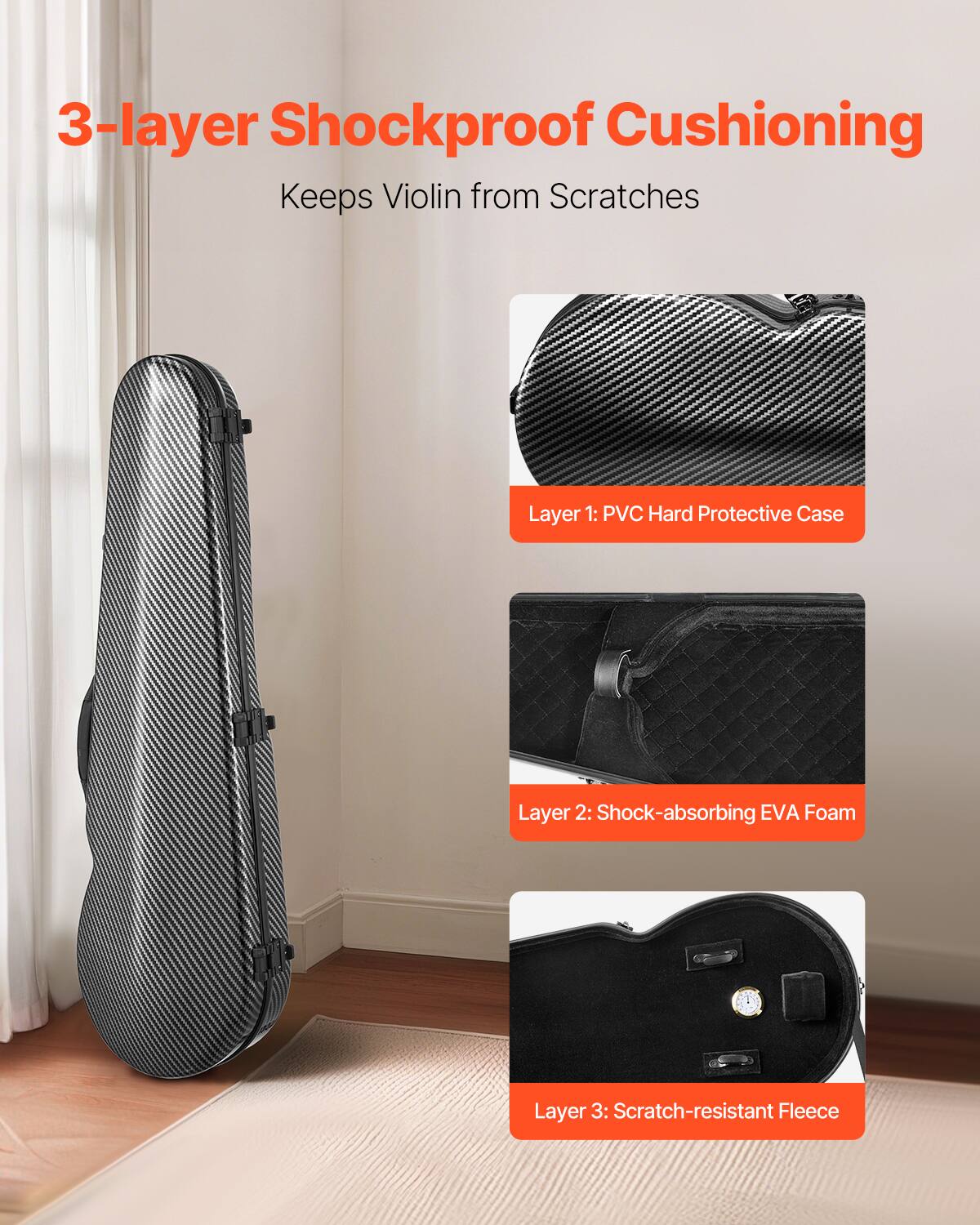3-layer Shockproof Cushioning  
Keeps Violin from Scratches  

Layer 1: PVC Hard Protective Case  
Layer 2: Shock-absorbing EVA Foam  
Layer 3: Scratch-resistant Fleece