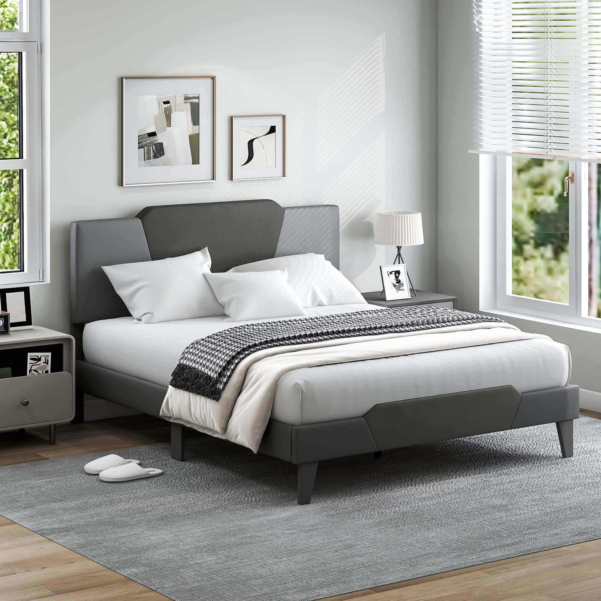 Alt View 1. Costway - Costway Queen Size Upholstered Platform Bed Frame Velvet Headboard Mattress Foundation - Gray.