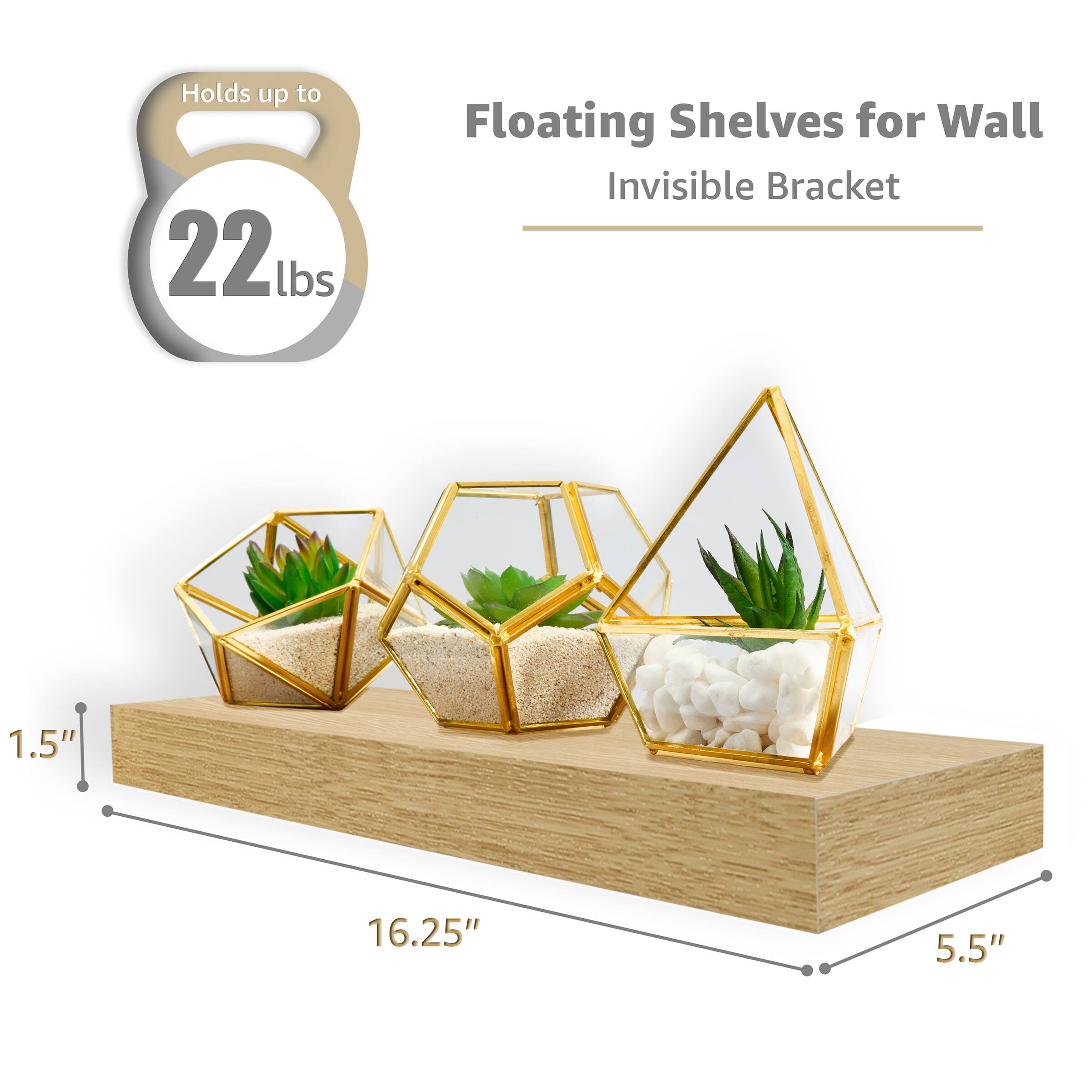 Holds up to 22 lbs, Floating Shelves for Wall, Invisible Bracket, 1.5", 16.25", 5.5"