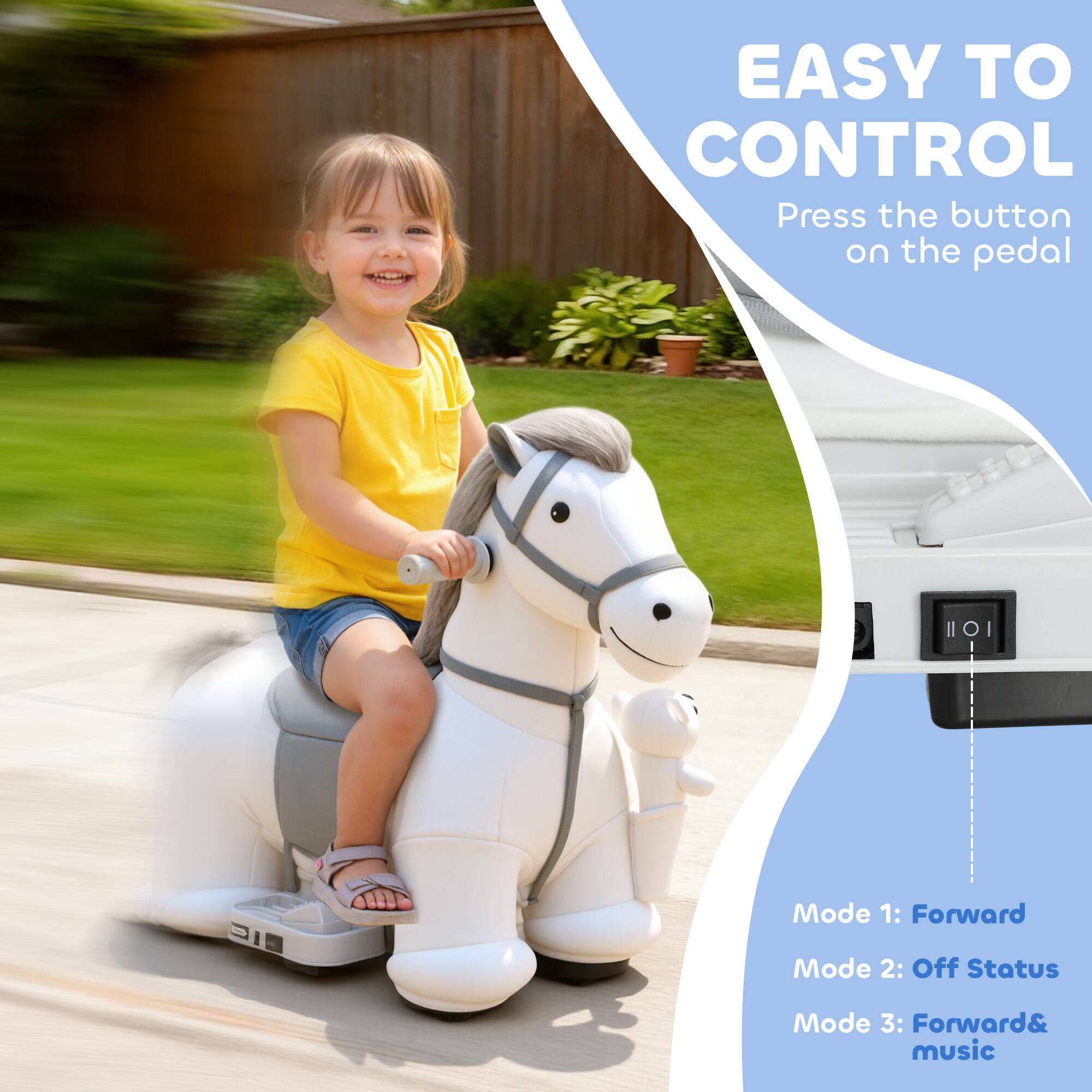 EASY TO CONTROL  
Press the button on the pedal  

Mode 1: Forward  
Mode 2: Off Status  
Mode 3: Forward & music