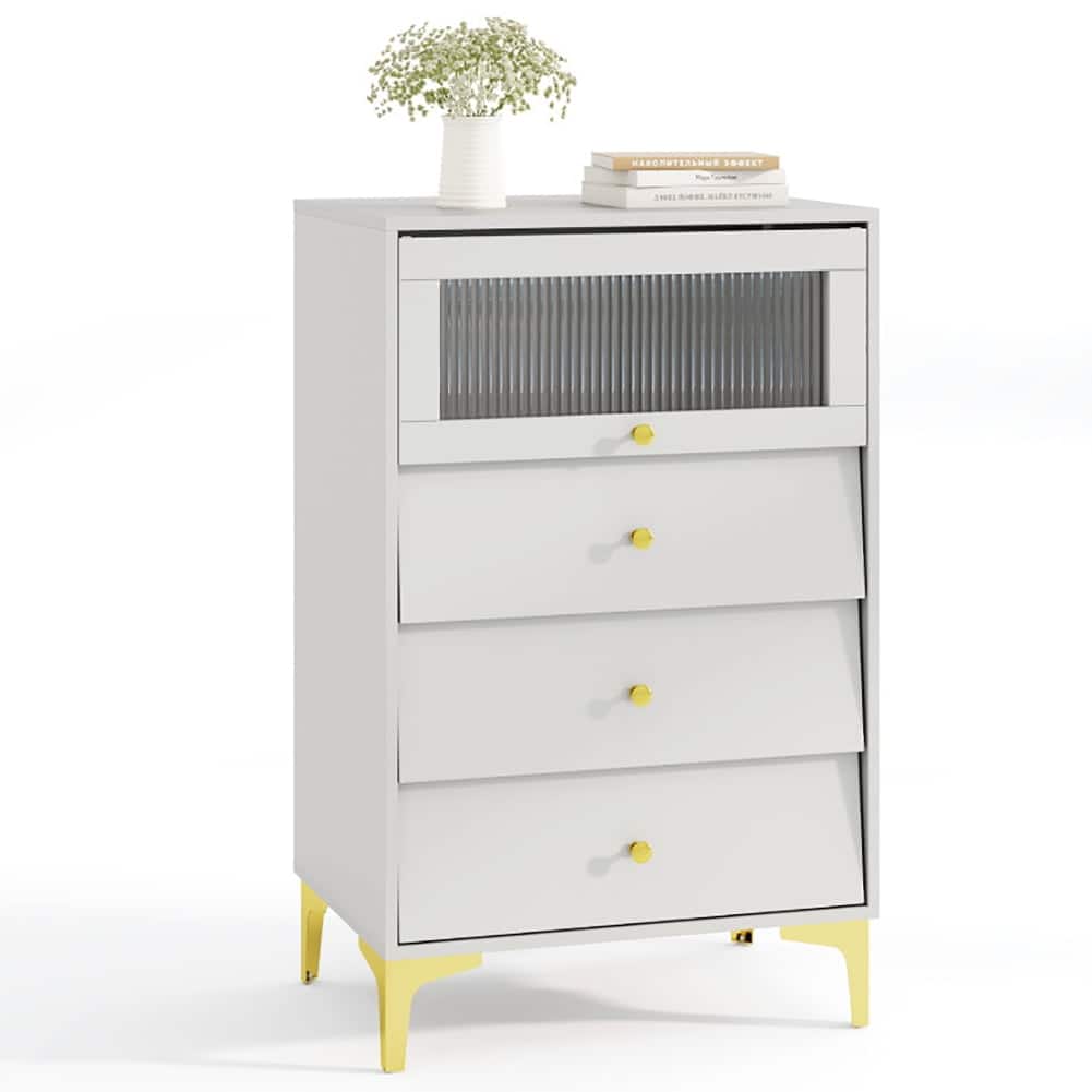 Pefilos - Modern Storage Cabinet with Flip Up Fluted Glass Door and Pull-out Drawers, Storage Cabinet with L-Shaped Metal Legs - Gray