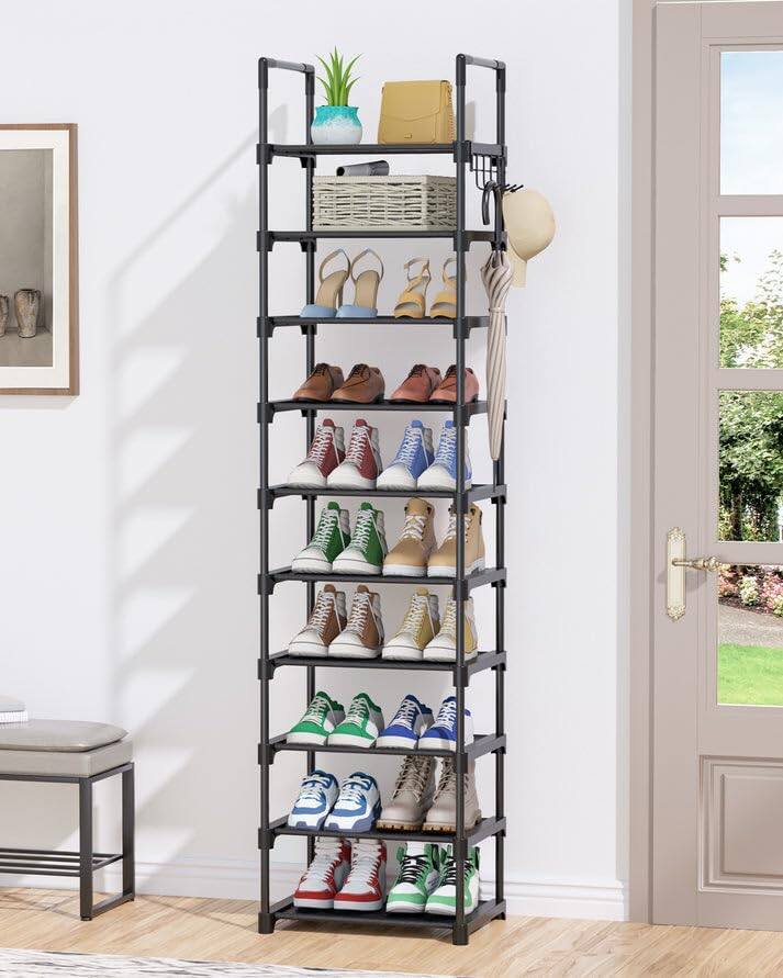 Left. Reds Spade - Kitsure Shoe Rack 10 Tier Shoe Organizer Detachable Fabric Shelves Frame Tall Shoe Rack Closet - White 16.9" x 11.8" x 68.5".