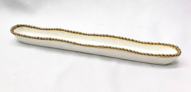 Front. Jiallo - 14" Contemporary Gold Bead Olive Serving Dish – Modern Long Serving Tray with Beaded Rim - White.