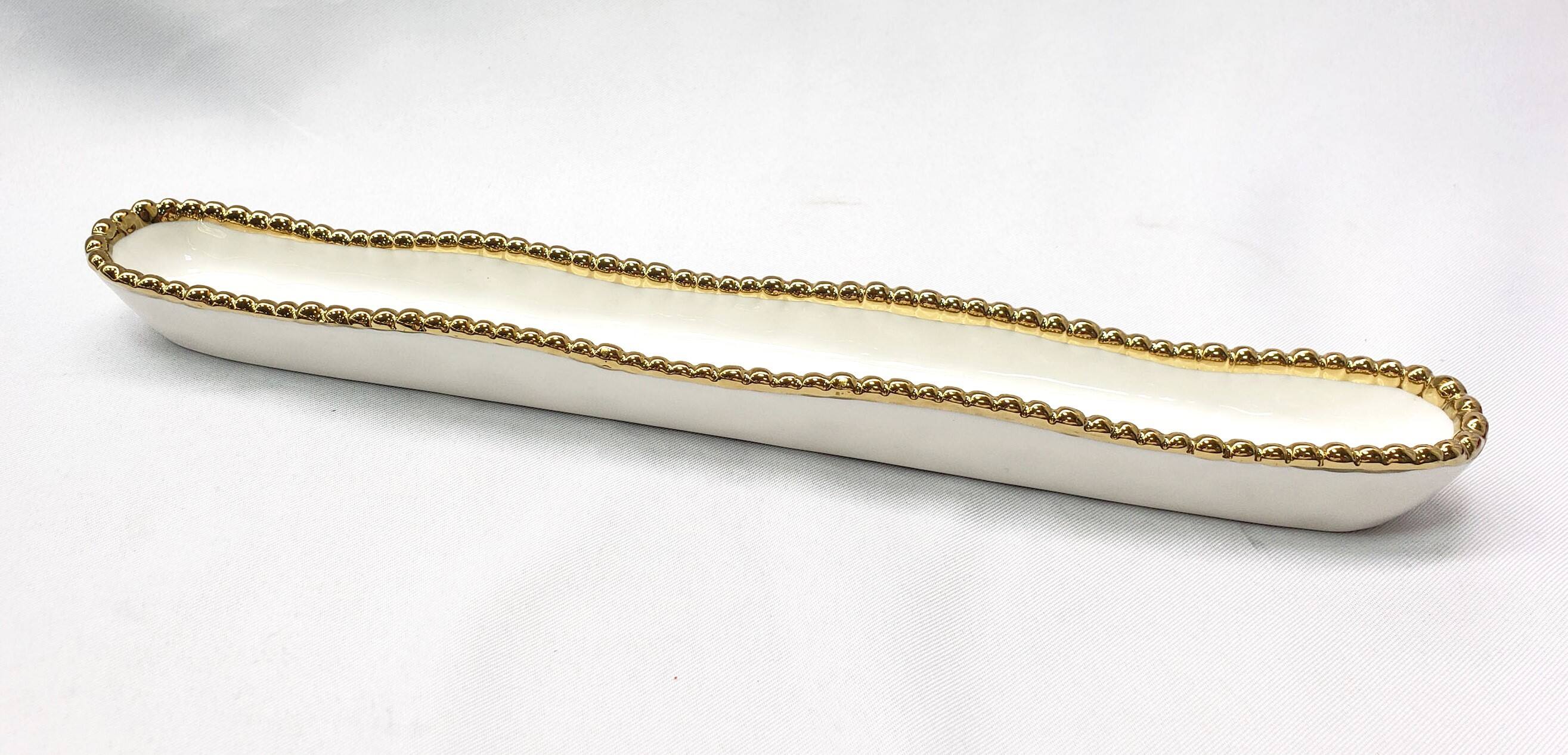 Front. Jiallo - 14" Contemporary Gold Bead Olive Serving Dish – Modern Long Serving Tray with Beaded Rim - White.