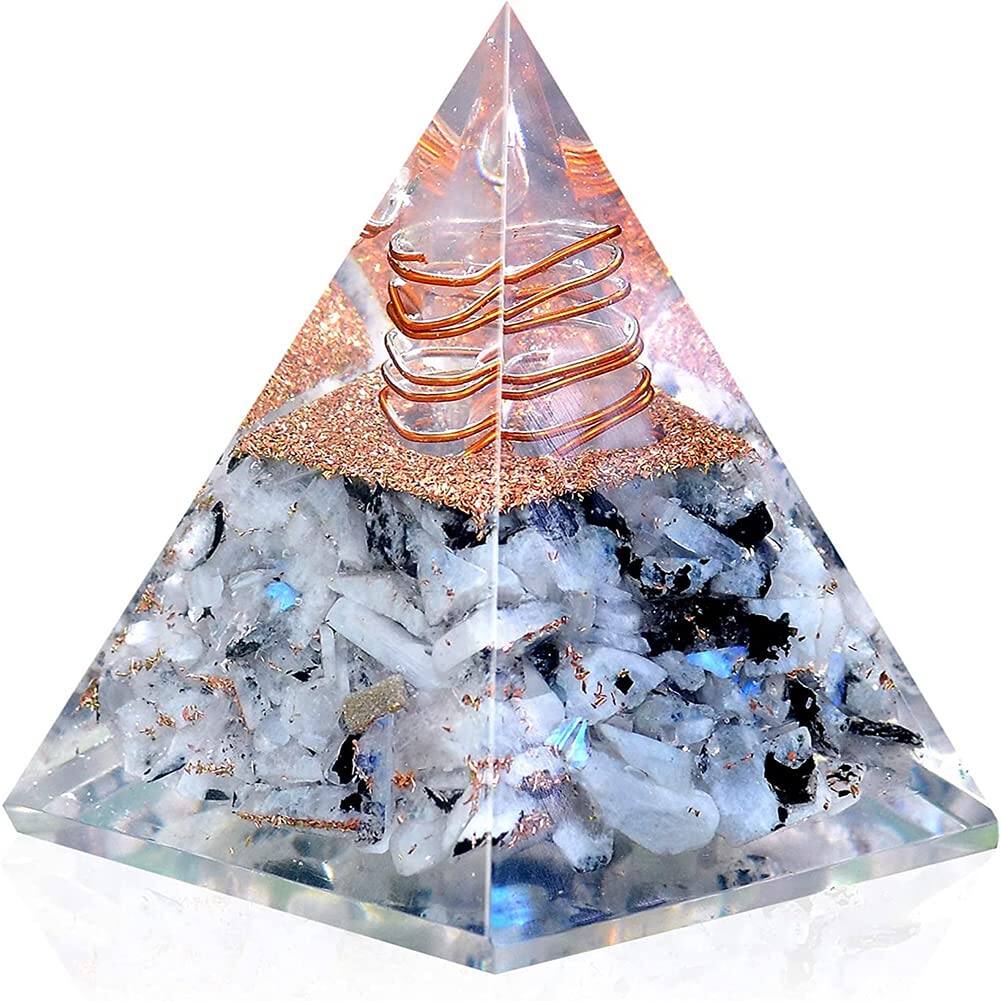 Refined Abode Design - Citrine Orgone Pyramid for Wealth, EMF Protection & Positive Energy – 2.76" Healing Crystal Decor - Rainbow Moonstone