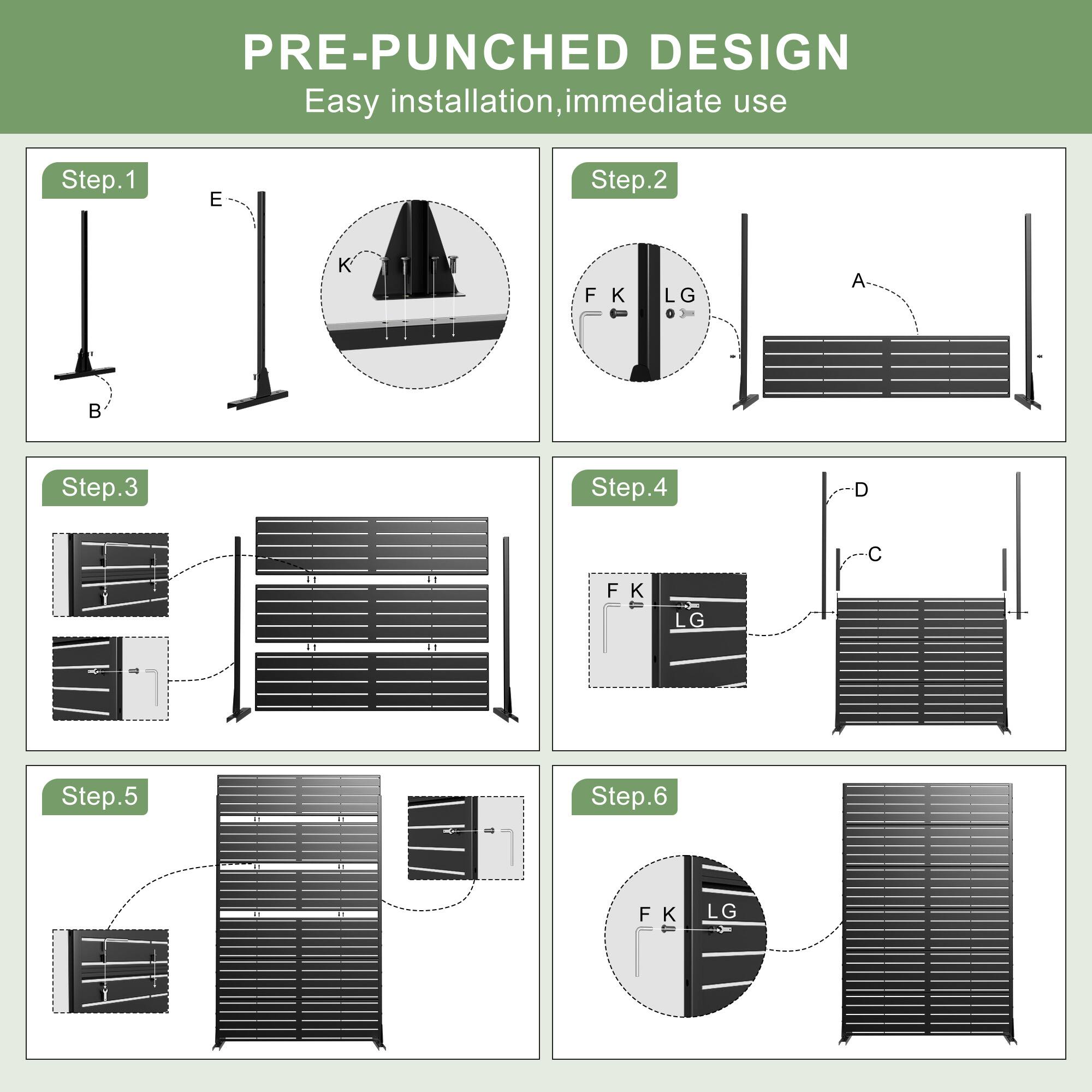 PRE-PUNCHED DESIGN  
Easy installation, immediate use  

Step.1  
E  
B  

Step.2  
F K  
LG  
A  

Step.3  

Step.4  
D  
C  
F K  
LG  

Step.5  

Step.6  
F K  
LG