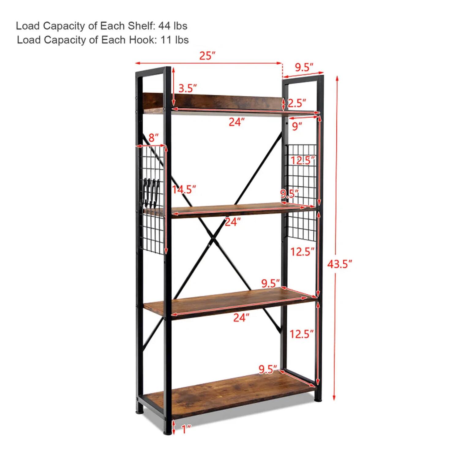 Load Capacity of Each Shelf: 44 lbs  
Load Capacity of Each Hook: 11 lbs  

25"  
9.5"  
3.5"  
2.5"  
8"  
24"  
9"  
12.5"  
14.5"  
9.5"  
24"  
12.5"  
43.5"  
9.5"  
24"  
12.5"  
9.5"  
1"
