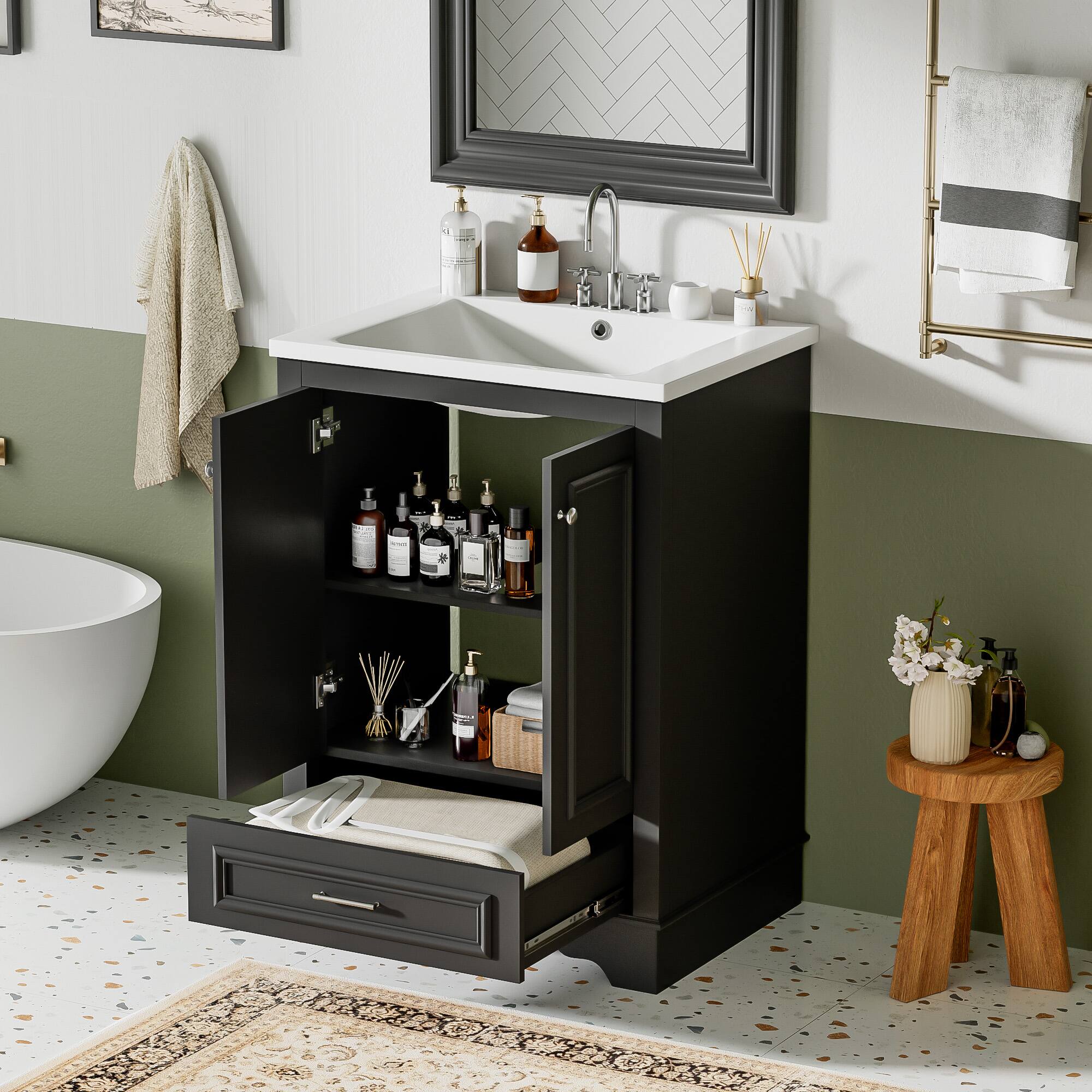 Alt View 8. Glintex - 24" Bathroom Vanity with Sink Combo, Freestanding Storage Cabinet, Soft-Closing Doors, Modern Bath Vanity - Black.