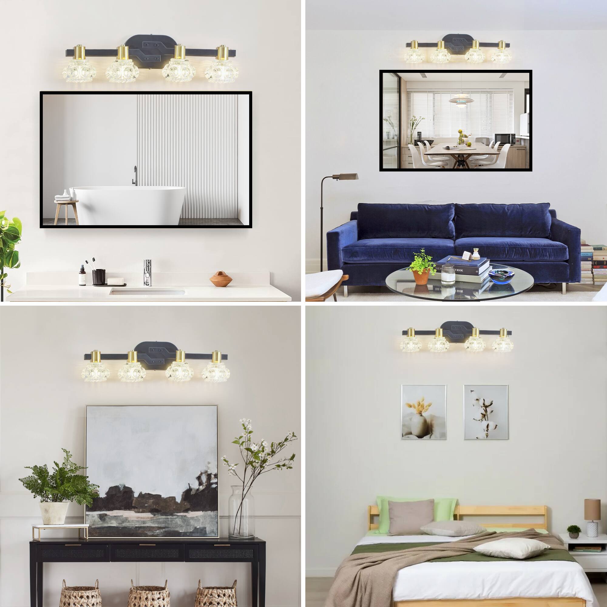 Back. Akoasm - 24in. Vintage 4-Light Wall Sconce with Clear Crystal Shades, Matte Black & Gold Finish for Bathroom Vanity Lighting.