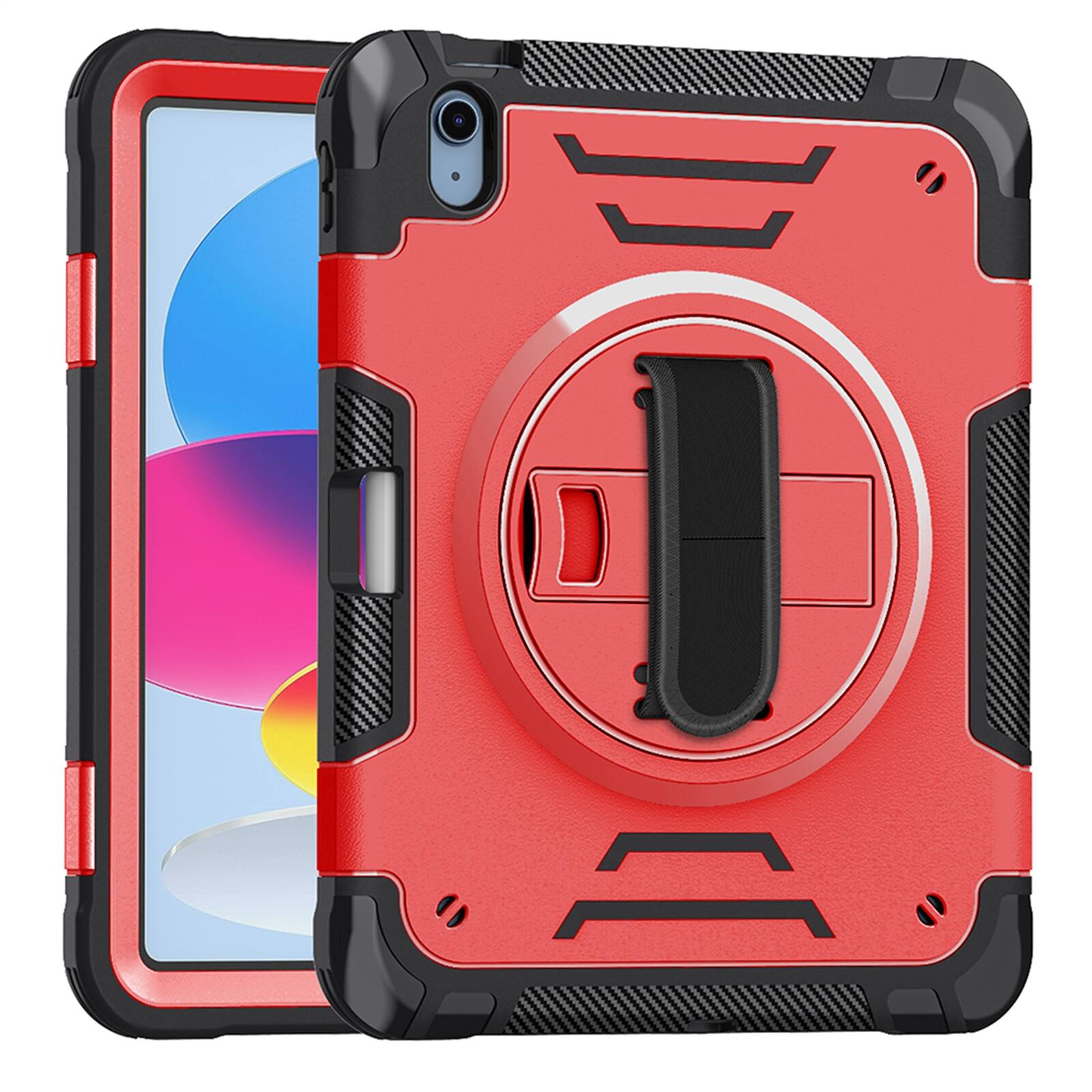 Angle. Dteck - Shockproof Case for Apple iPad (10th Generation) 10.9" 2022 with Shoulder Hand Strap, Rugged Cover with Rotating Stand - Red.