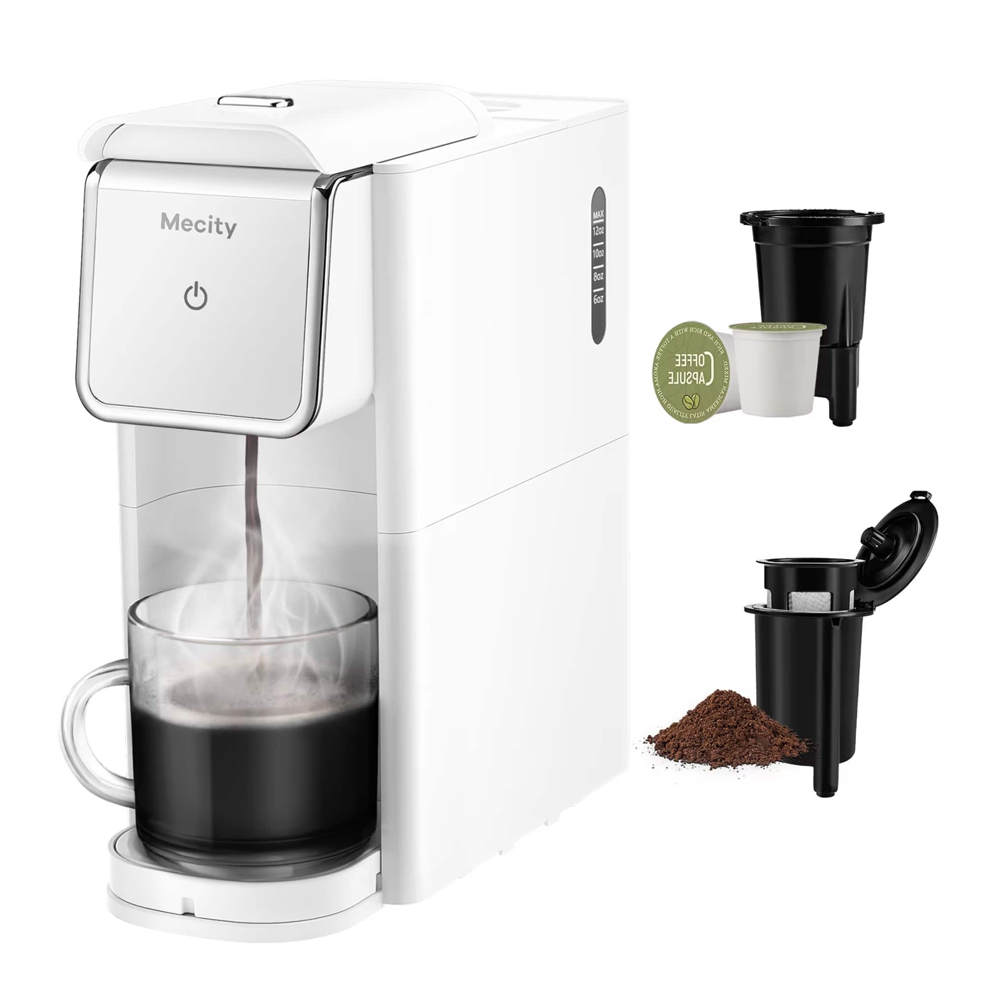 Mecity - Compact Coffee Maker for Ground Coffee & Loose Tea - Single Serve, 6-12 Oz Brew - White