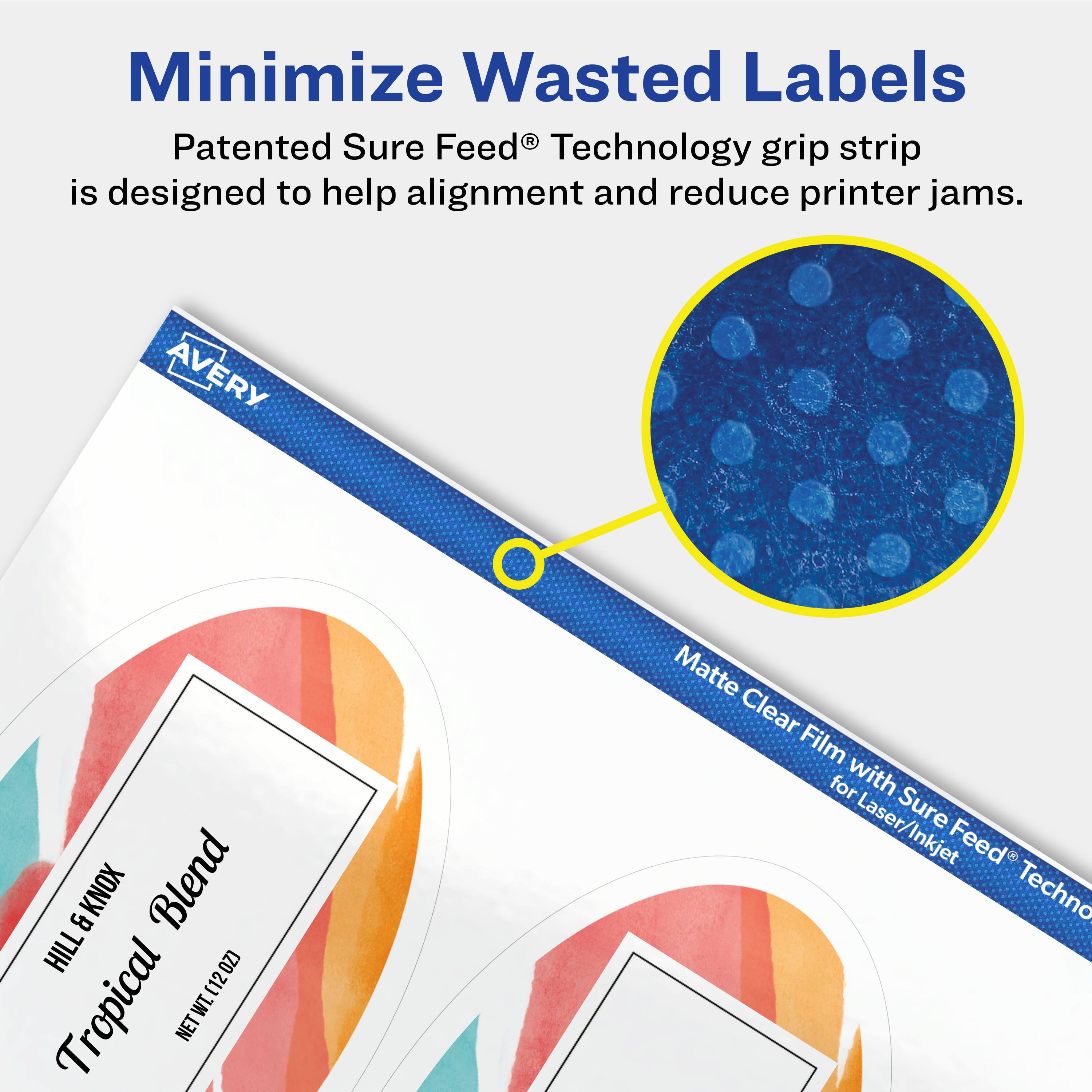 Minimize Wasted Labels

Patented Sure Feed® Technology grip strip is designed to help alignment and reduce printer jams.

AVERY B KNOX HILL (12OZ) (12 Tropical Blend) NET WT. 12OZ

Matte Clear Film for Laser/Inkjet with Sure Feed® Technology