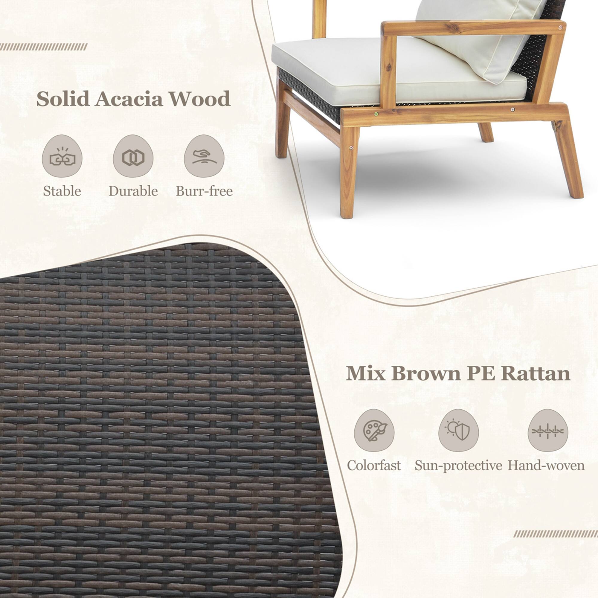 Solid Acacia Wood  
- Stable  
- Durable  
- Burr-free  

Mix Brown PE Rattan  
- Colorfast  
- Sun-protective  
- Hand-woven