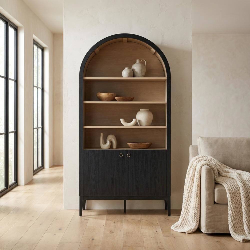 Left. FurniFact - Black tall storage display cabinet with arched design and spacious shelves - Black.