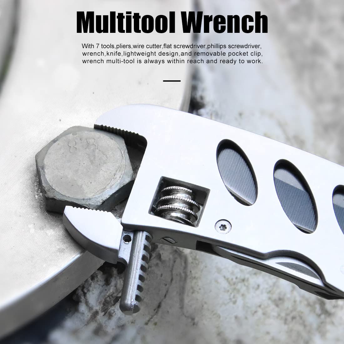 Multitool Wrench

With 7 tools, pliers, wire cutter, flat screwdriver, Phillips screwdriver, wrench, knife, lightweight design, and removable pocket clip, wrench multi-tool is always within reach and ready to work.