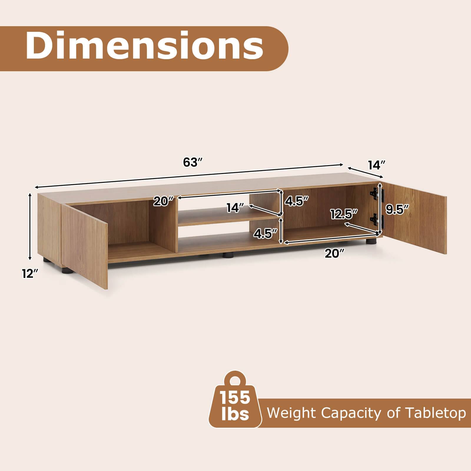 Dimensions: 63" x 14" x 20" x 4.5" x 14" x 4.5" x 12.5" x 20" x 9.5" x 12"  
Weight Capacity of Tabletop: 155 lbs