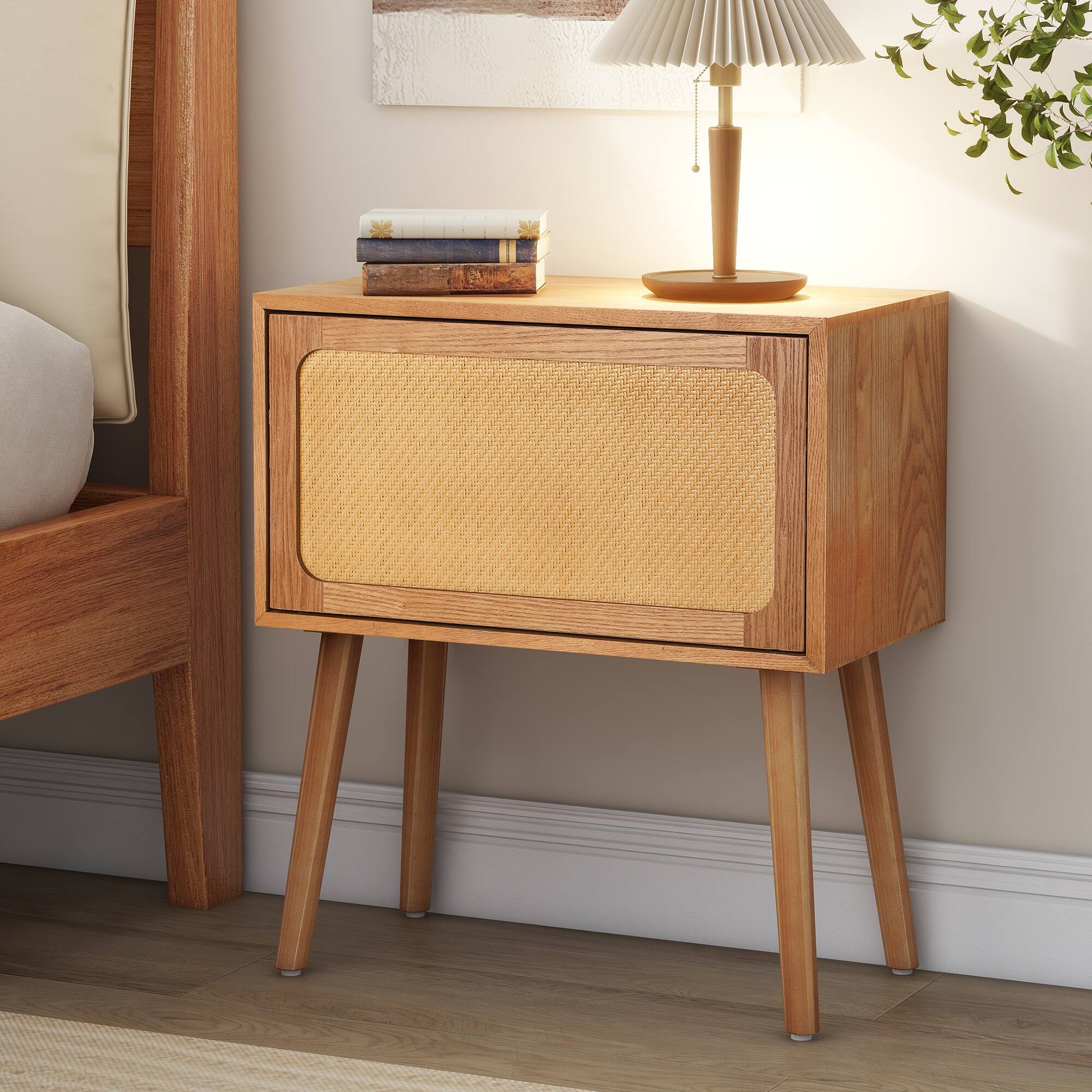 Angle. Whisen - Rotating Nightstand with Hidden Compartments, Rattan Bedside Table and Storage End Table - Natural.