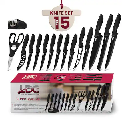 KNIFE SET 15 PCS
LDC LUX DECOR COLLECTION
15 PCS KNIFE SET
Corrosion and stain resistant high quality stainless steel blades.
Ergonomic design for comfortable and secure grip.
Easy to care for simply wash in warm water and dry off immediately.
Utility Knife, Bread Knife, Serrated Knife, Chef's Knife, Steak Knife, Scissors and Knife Sharpener.
Includes:
- Utility Knife
- Bread Knife
- Serrated Knife
- Chef's Knife
- Steak Knife
- Scissors
- Knife Sharpener