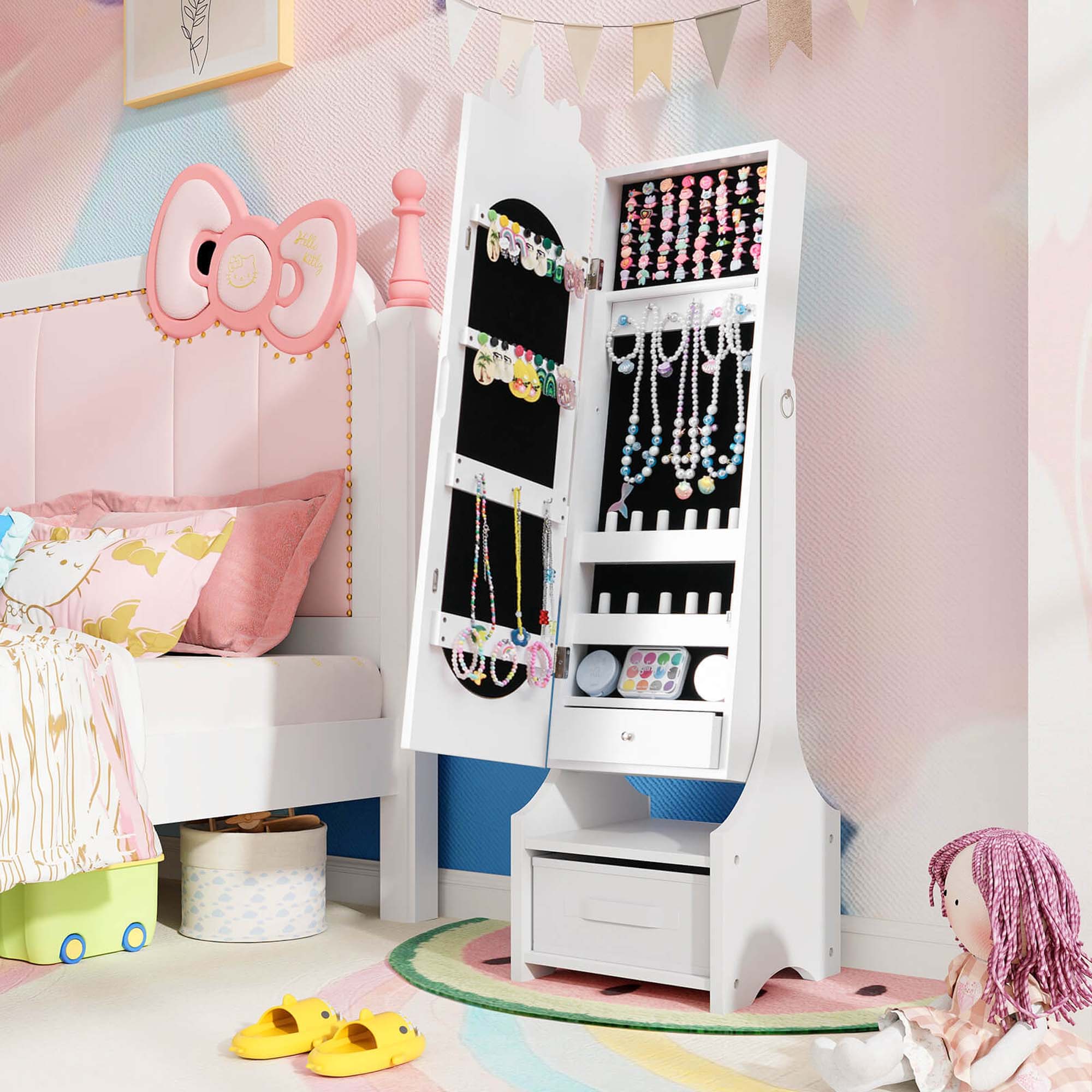 Alt View 1. Costway - Costway Kids Vanity Set Princess Makeup Dressing Table & Chair Set with Kids Jewelry Armoire - White.