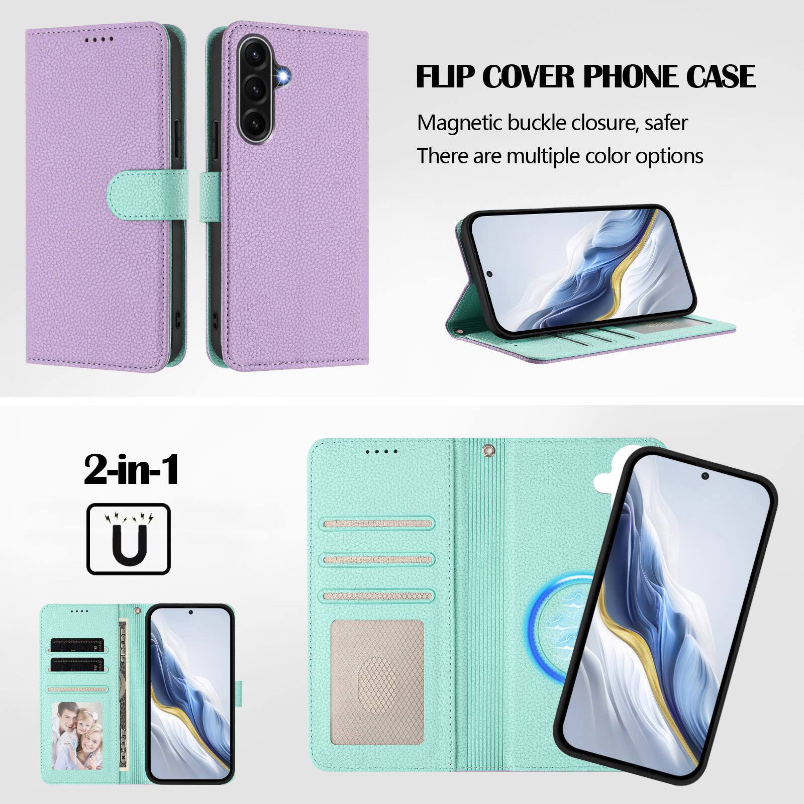 FLIP COVER PHONE CASE  
Magnetic buckle closure, safer  
There are multiple color options  

2-in-1