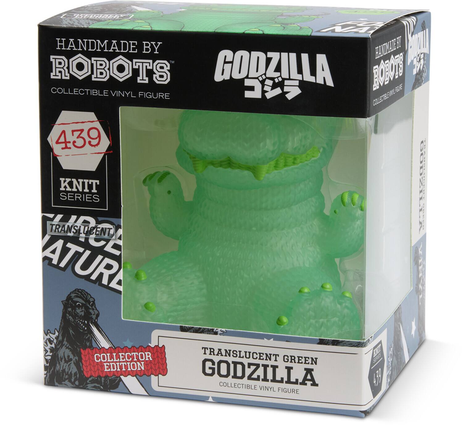756155  
HANDMADE BY ROBOTS  
GODZILLA  
COLLECTIBLE VINYL FIGURE  
439  
KNIT SERIES  
TRANSLUCENT GREEN  
COLLECTOR EDITION  
TRANSLUCENT GODZILLA  
COLLECTIBLE VINYL FIGURE