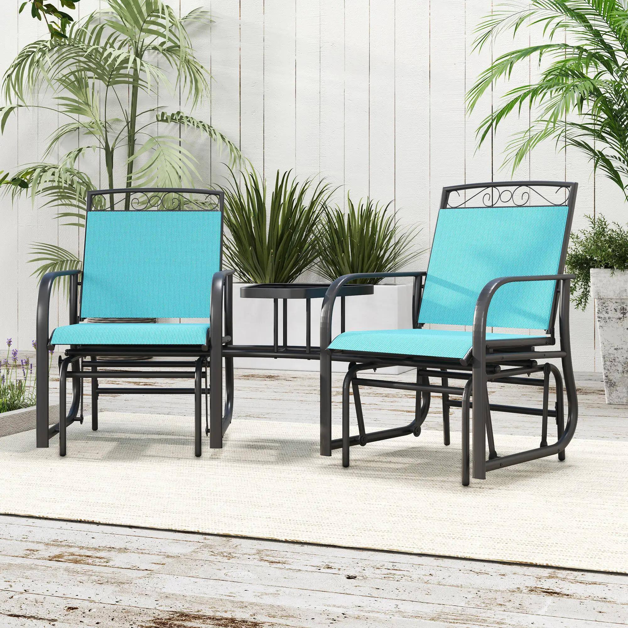 Alt View 1. Resenkos - Resenkos Patio Swing Set with Coffee Table, 2-Seat Rocking Chairs, Breathable Sling, Perfect for Outdoor Relaxation,Blue - Blue.
