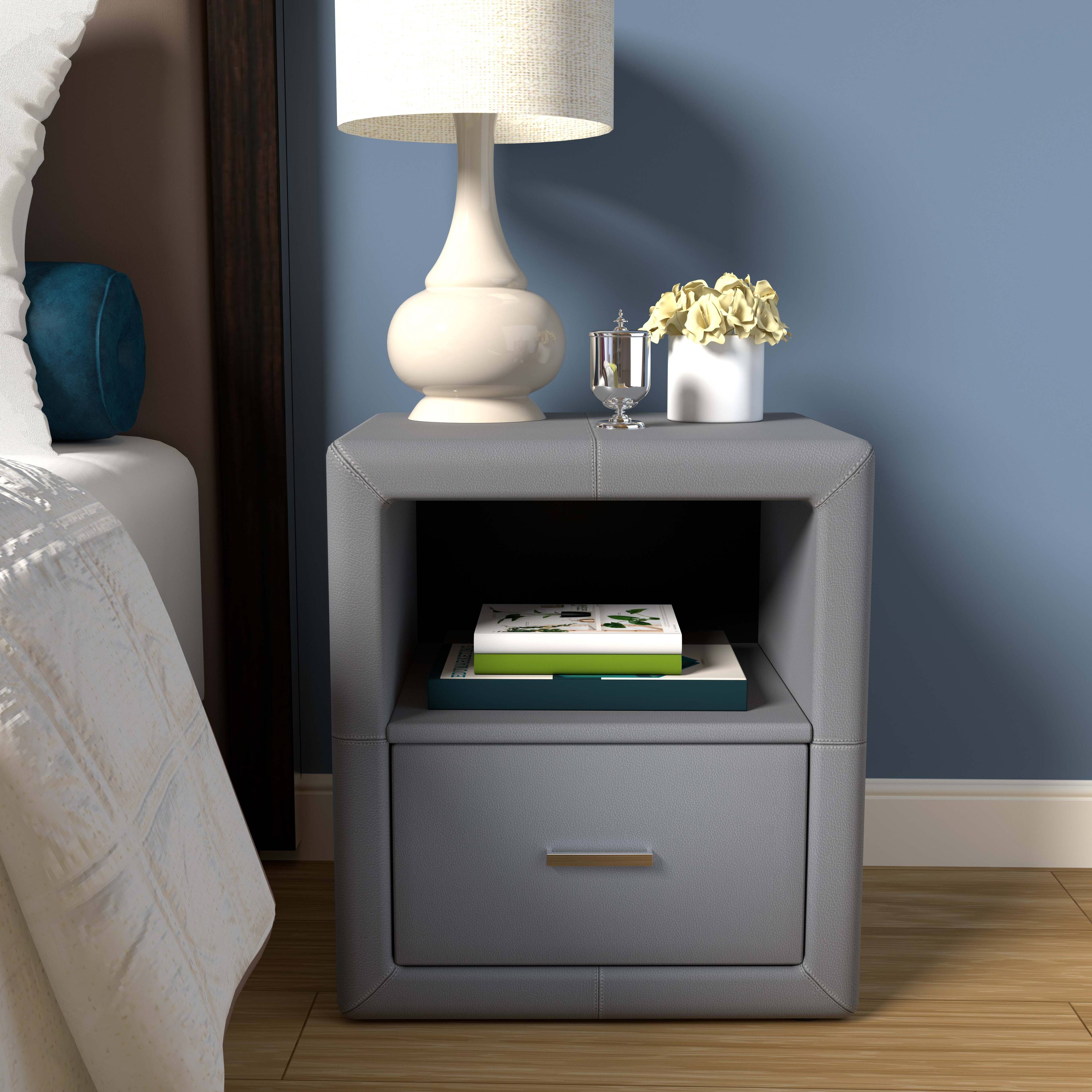 Alt View 1. Boyd Sleep - Boyd Sleep Lombardi Faux Leather One Drawer Nightstand- Pre-Assembled- Low profile bedroom end table - Grey.