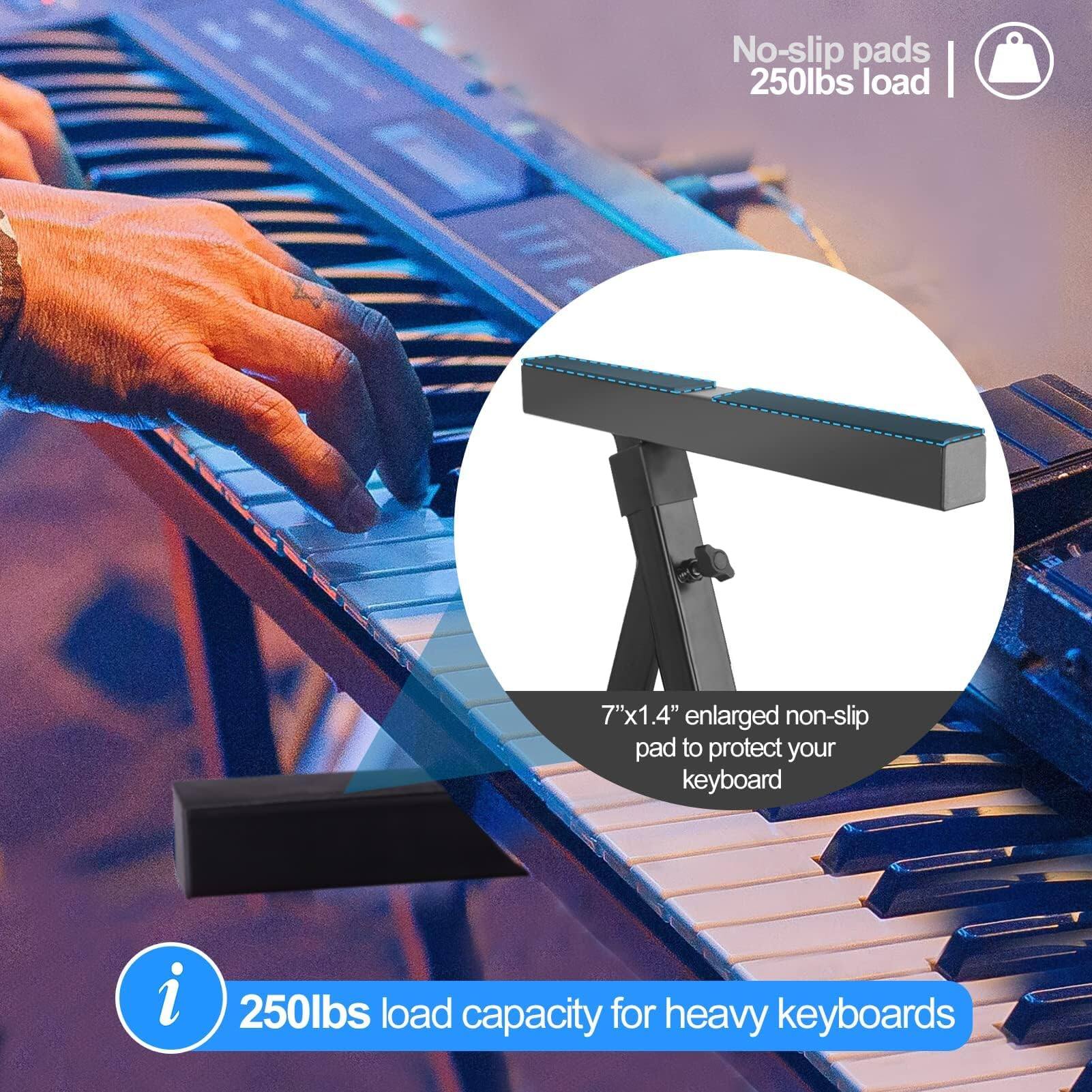 No-slip pads  
250lbs load  

7"x1.4" enlarged non-slip pad to protect your keyboard  

250lbs load capacity for heavy keyboards