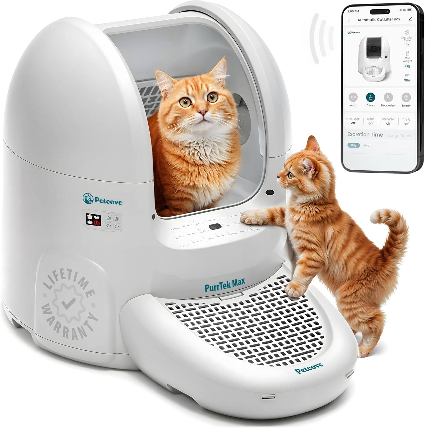 - Automatic Cat Litter Box
- Petcove
- PurrTek Max
- LIFETIME WARRANTY
- 7:00 PM
- Excretion: 0s
- Cat Weight: 4kg
- Last: 3lbs
- Auto
- Clean
- Deodorizer
- Empty
- Smart Clean: off
- Clean: on
- Deodorizer: off
- Empty: off
- Excretion Time: Daily
- Usage Times: Daily
- Petcove