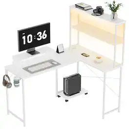 Comhoma - 53 IN Reversible L-Shaped Office Desk with LED Lights, Power Outlets Executive Desk with Hooks and Cup Holder - White