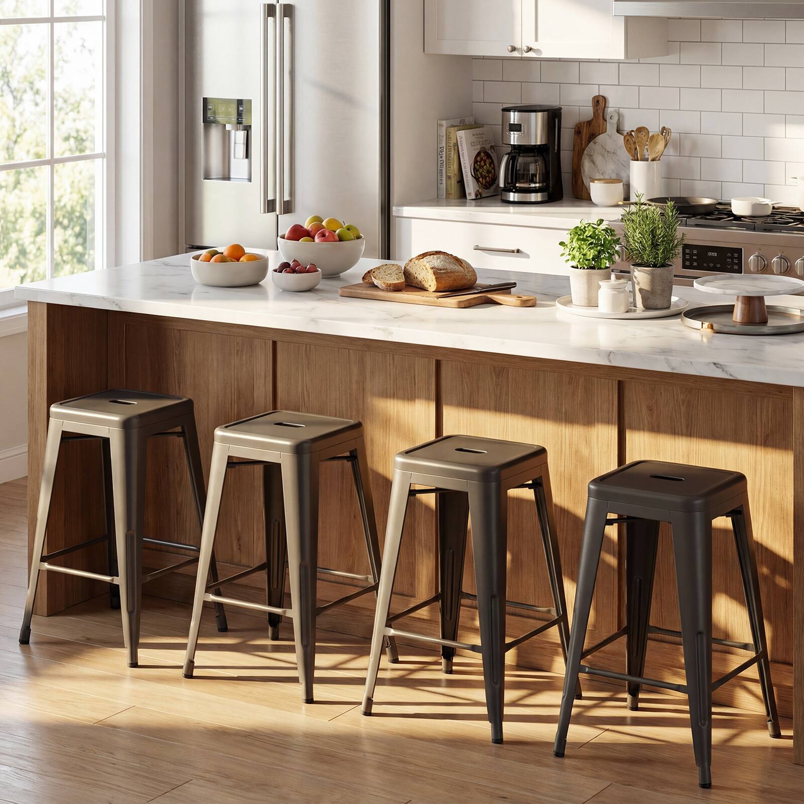 Alt View 1. Gymax - Gymax Metal Bar Stools Set of 4 24'' Counter Height Barstools w/ Backrests&Footrests Gun Metal - Brown.