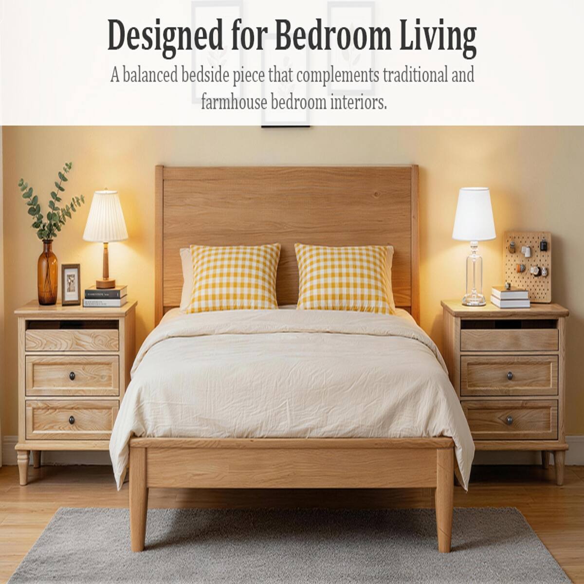Designed for Bedroom Living  
A balanced bedside piece that complements traditional and farmhouse bedroom interiors.
