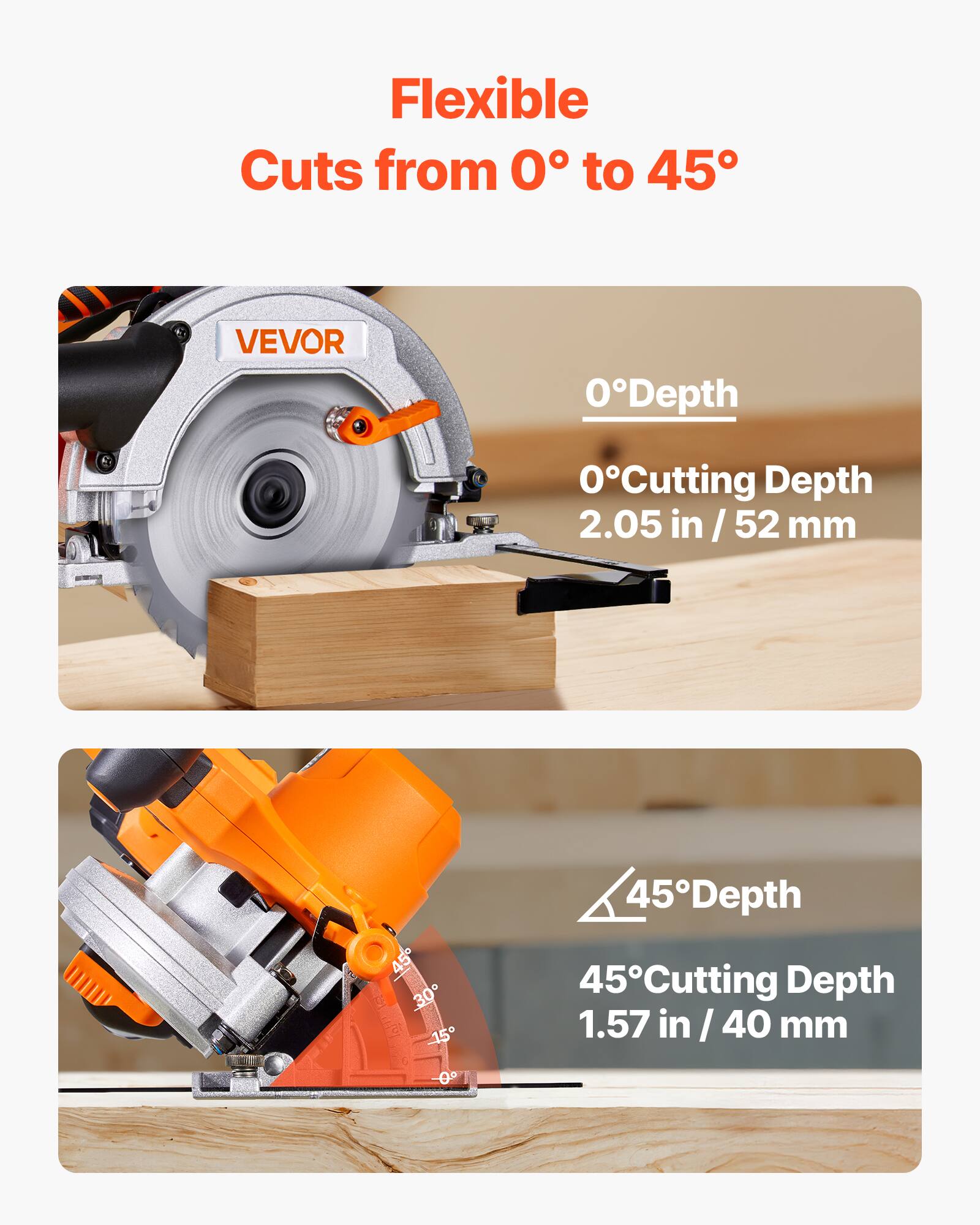 Flexible Cuts from 0° to 45°

0° Depth
0° Cutting Depth 2.05 in / 52 mm

45° Depth
45° Cutting Depth 1.57 in / 40 mm