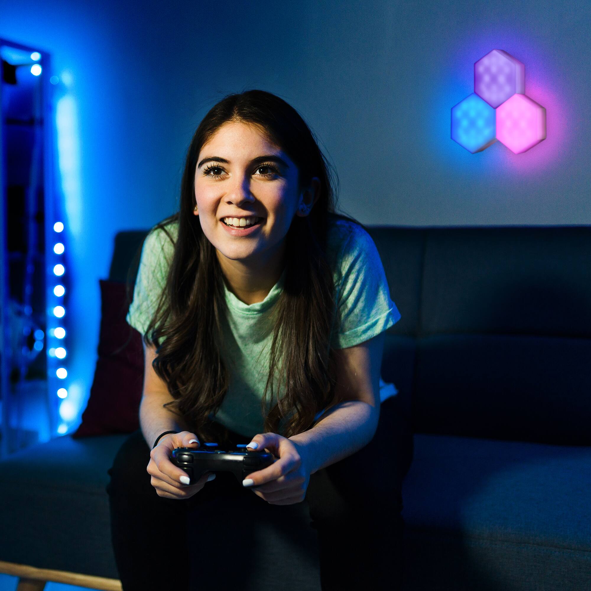 Alt View 1. Monster - Monster Hexagon Unique Multi-Color LED Touch Light, Four Color-Changing Modes, 9 Piece Set - Multicolor.