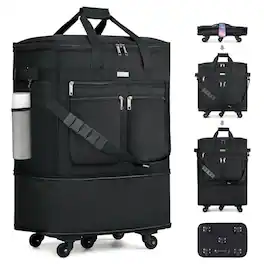 Vulpecula Spade - Expandable Luggage Bags for Travel Foldable Suitcase with Wheels Collapsible Rolling Travel Duffle Bag Lightweight Large - Black