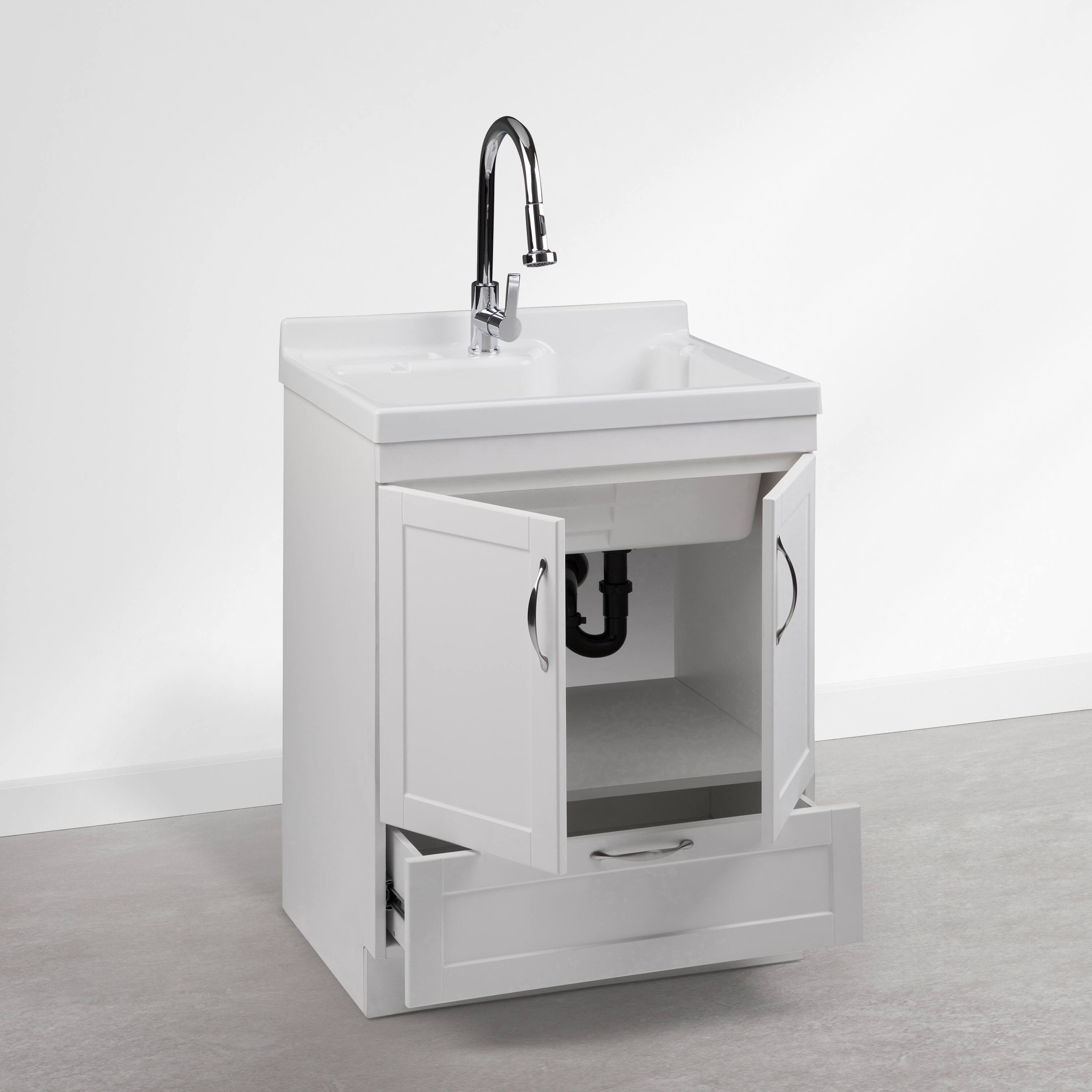Left. Simpli Home - Maile 28 inch Wide Utility Sink and Laundry Cabinet, Glacier White Finish - Glacier White.