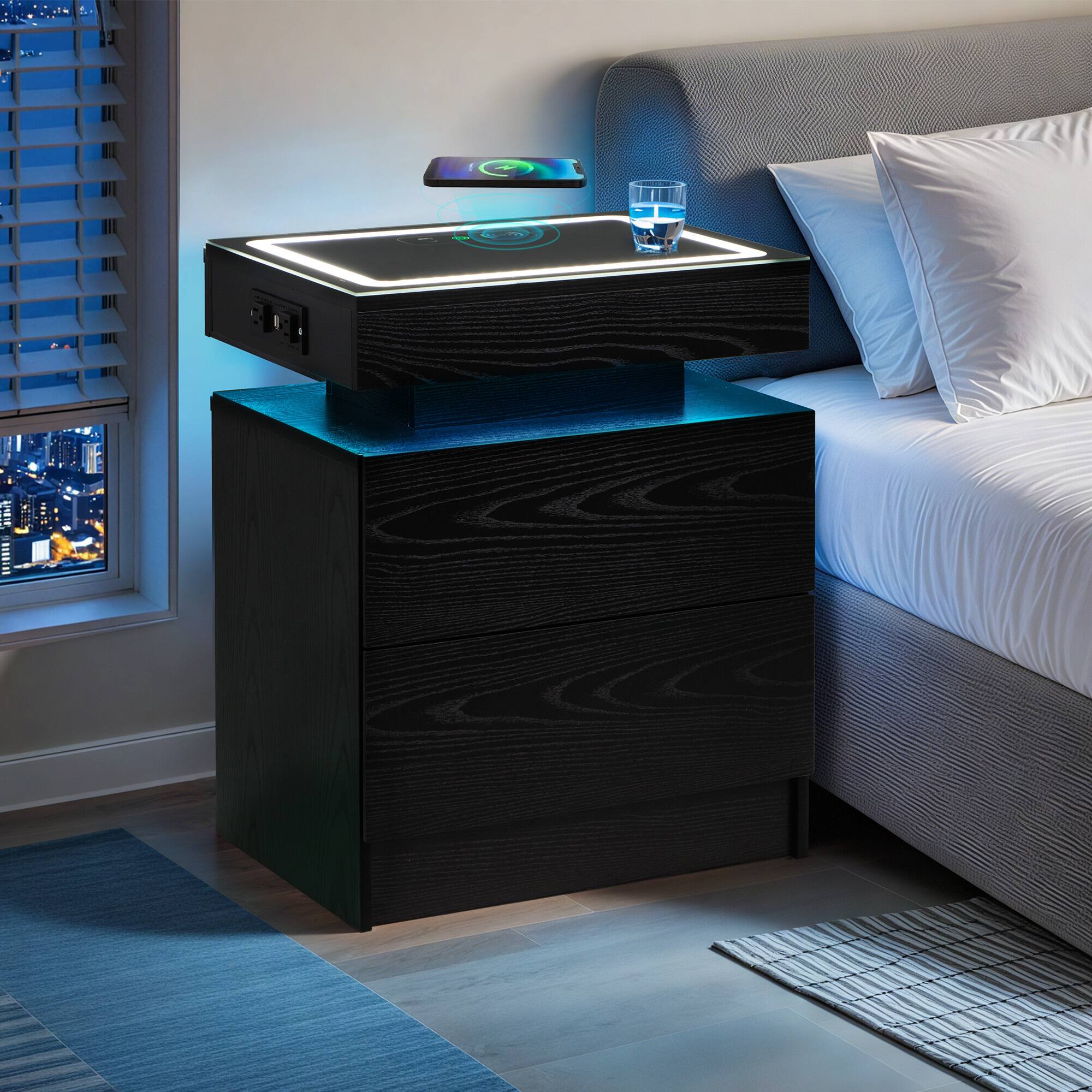 Angle. U-HOMY - Modern Fluted Nightstand with Drawer and Charging Station, Bedside Table with USB Ports and Storage Shelf, Set of 2 - Brown.