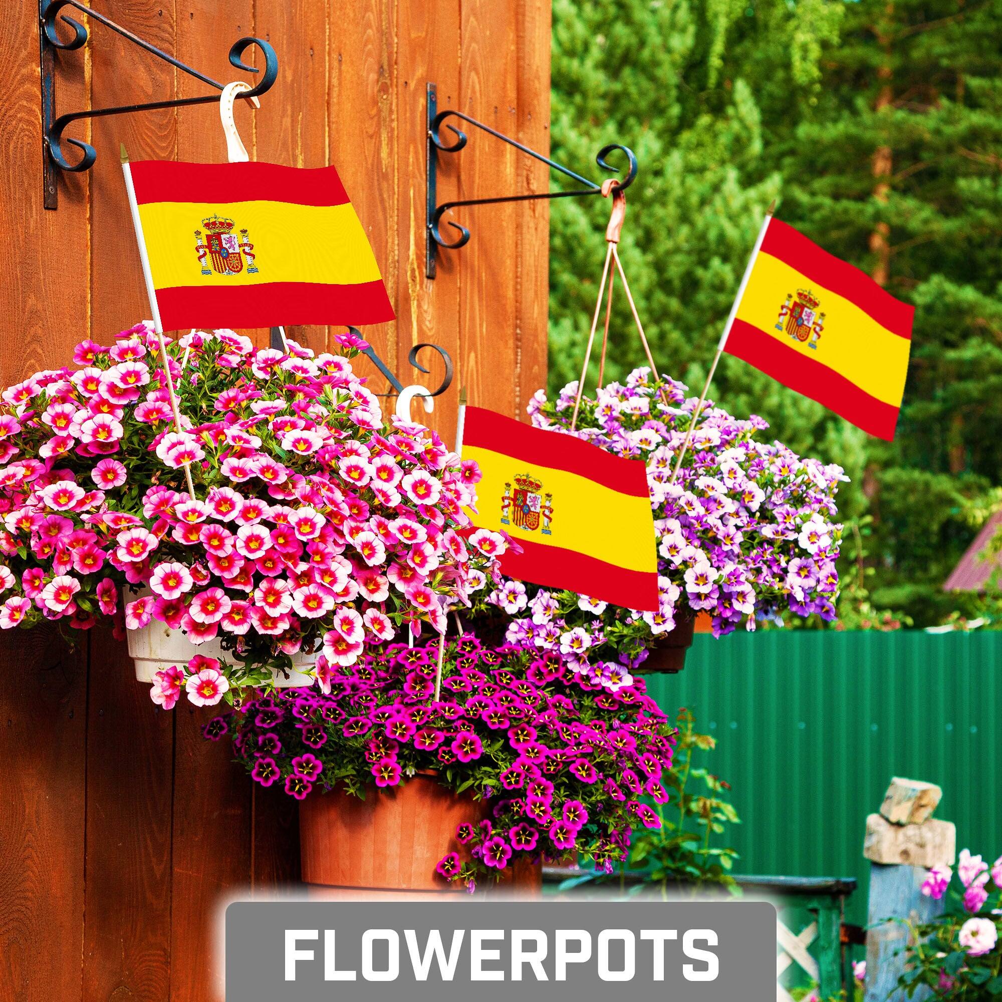 Angle. G128 - 50-Pack Handheld Spain Flags 8" x 12" — 150D Polyester with Wooden Stick and Spear Tip. - Assorted Colors.