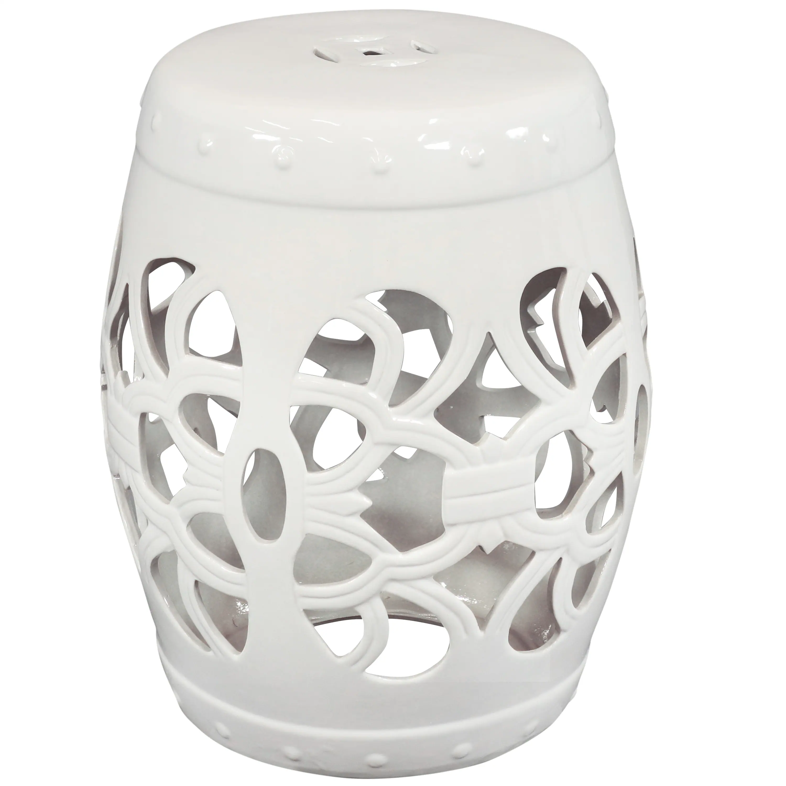 Front. Sunnydaze - 18 in Knotted Quatrefoil Ceramic Glaze Garden Stool - White.