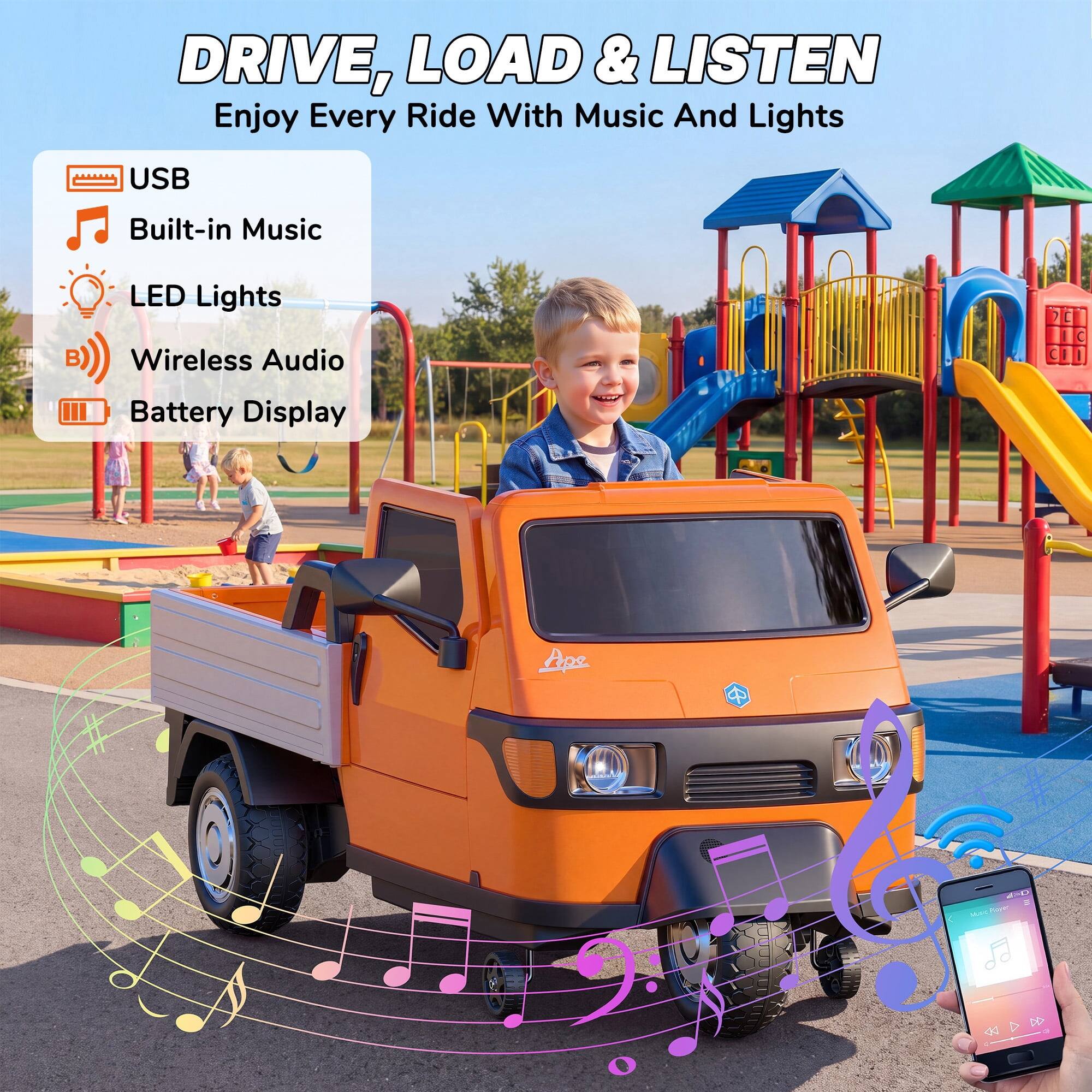 DRIVE, LOAD & LISTEN  
Enjoy Every Ride With Music And Lights

USB  
Built-in Music  
LED Lights  
Wireless Audio  
Battery Display  

Ape  
BACK is WalcPlayer  
BDB