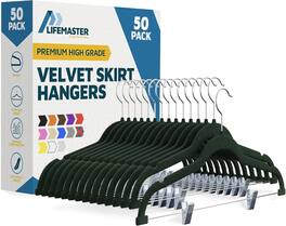 Lifemaster - Velvet Skirt Hangers – Adjustable Clips, Swivel Hook, Non-Slip Notch, Holds 10 lbs, Pack of 50 - Green