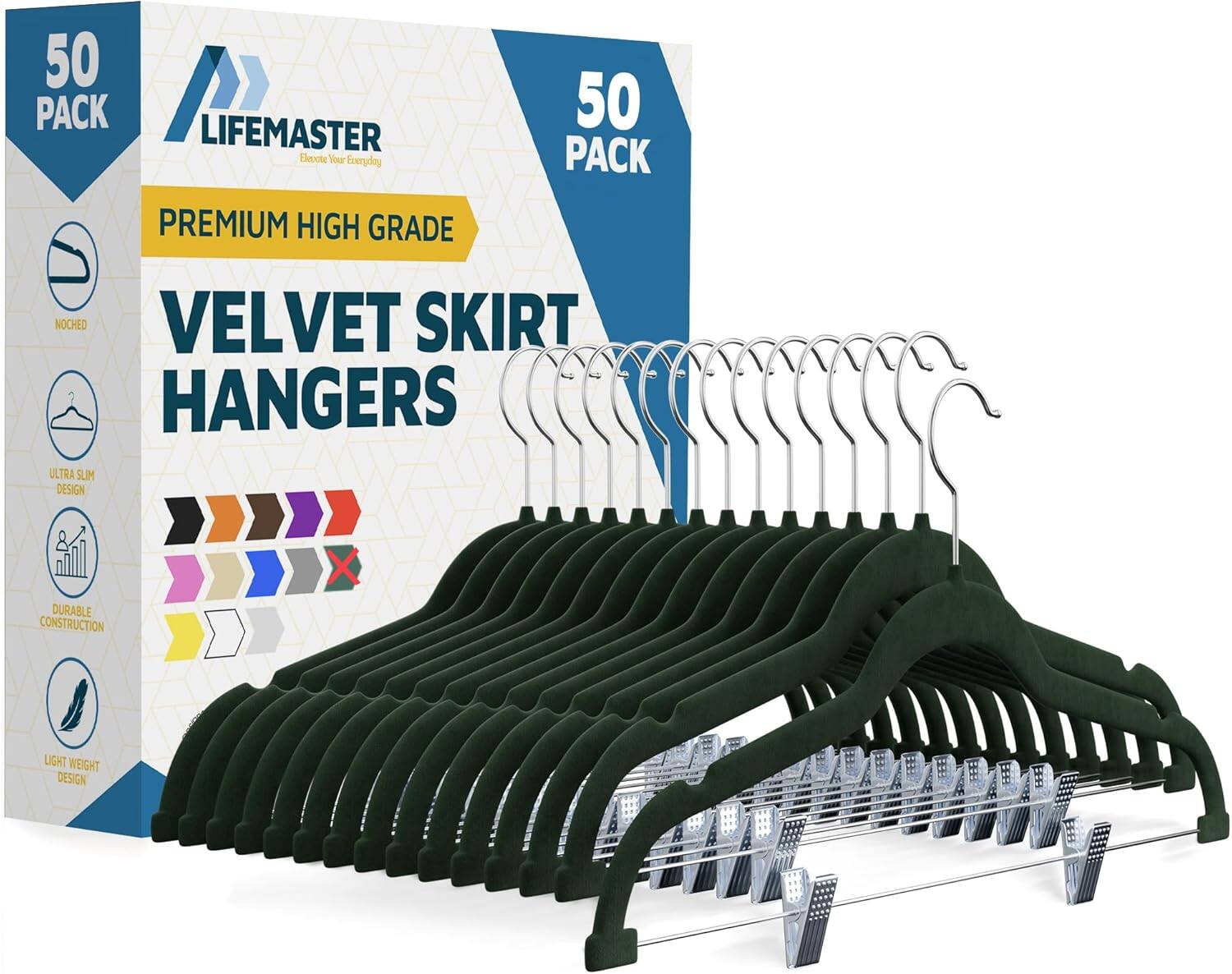 50 PACK, LIFEMASTER, Elevate Your Everyday, 50 PACK, PREMIUM HIGH GRADE, VELVET SKIRT HANGERS, NOCHED, ULTRA SLIM DESIGN, DURABLE CONSTRUCTION, LIGHT WEIGHT DESIGN