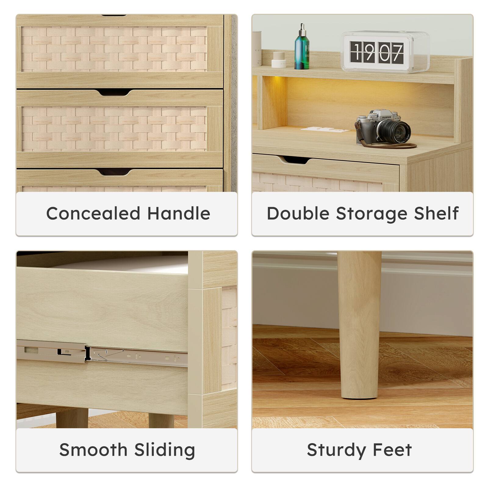 1. Concealed Handle
2. Double Storage Shelf
3. Smooth Sliding
4. Sturdy Feet