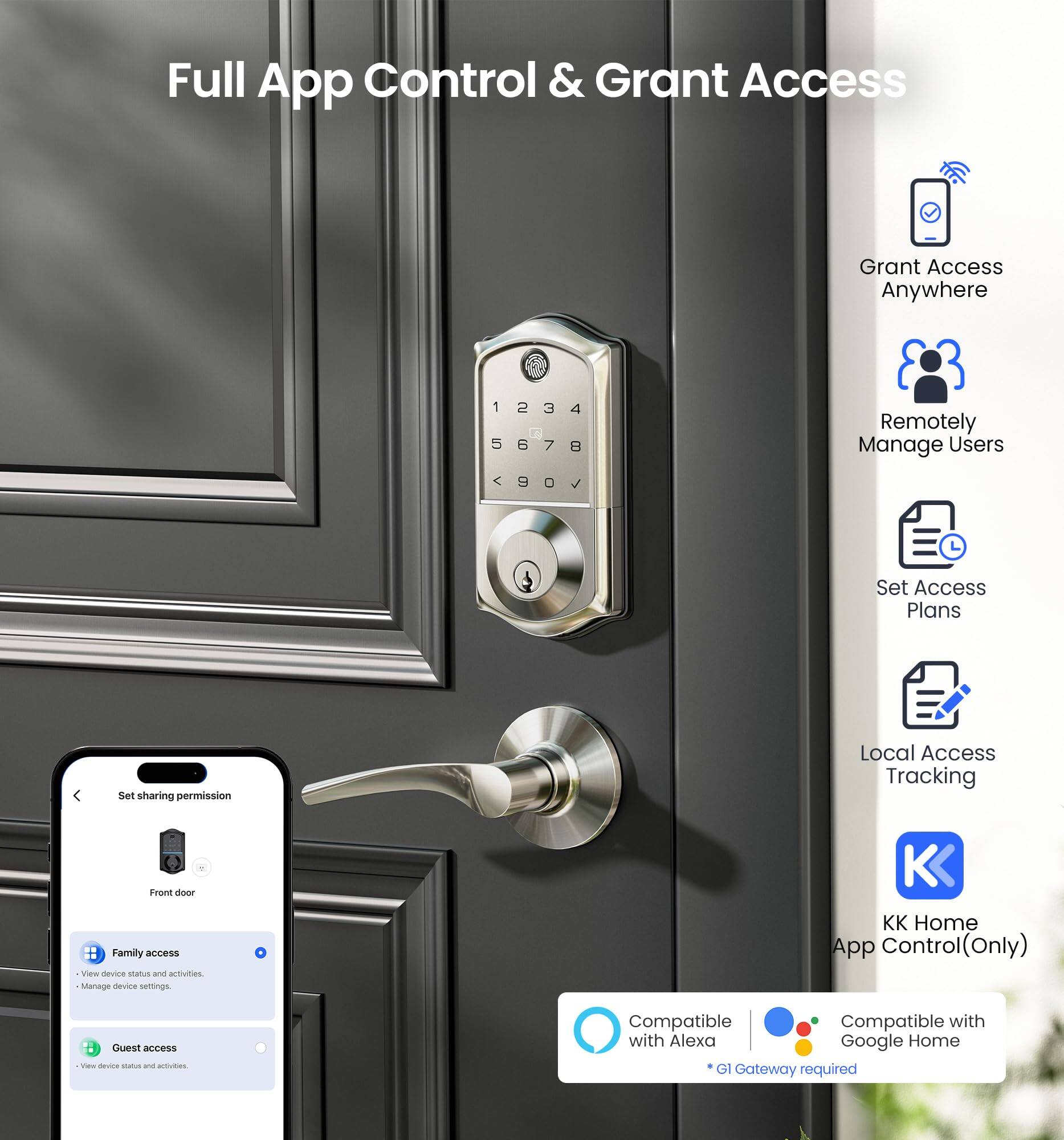 Full App Control & Grant Access

- Grant Access Anywhere
- Remotely Manage Users
- Set Access Plans
- Local Access Tracking
- KK Home App Control (Only)

Set sharing permission
- Front door
  - Family access
    - View device status and activities
    - Manage device settings
  - Guest access
    - View device status and activities

Compatible with Alexa
Compatible with Google Home
*GL Gateway required