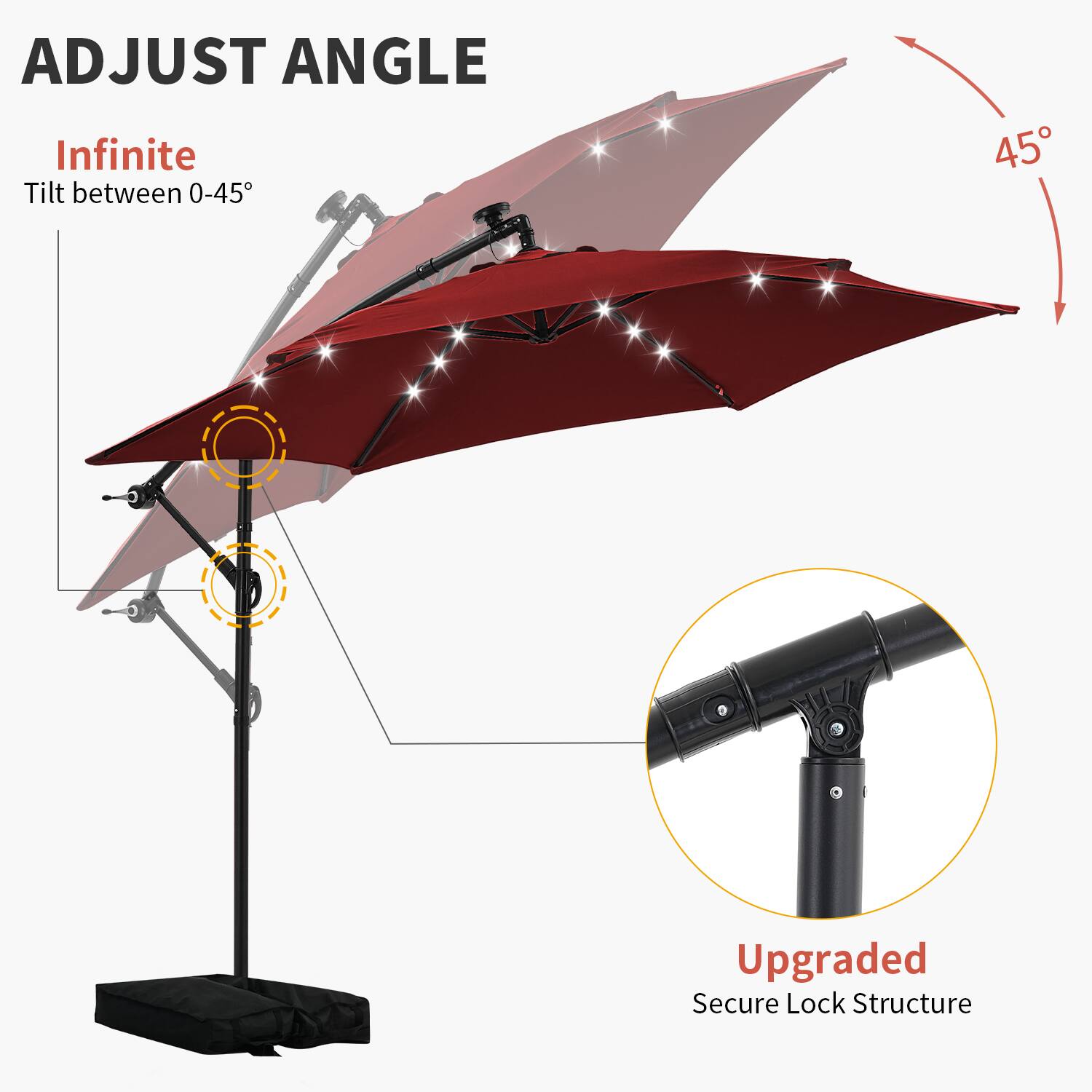 ADJUST ANGLE  
Infinite Tilt between 0-45°  

Upgraded Secure Lock Structure