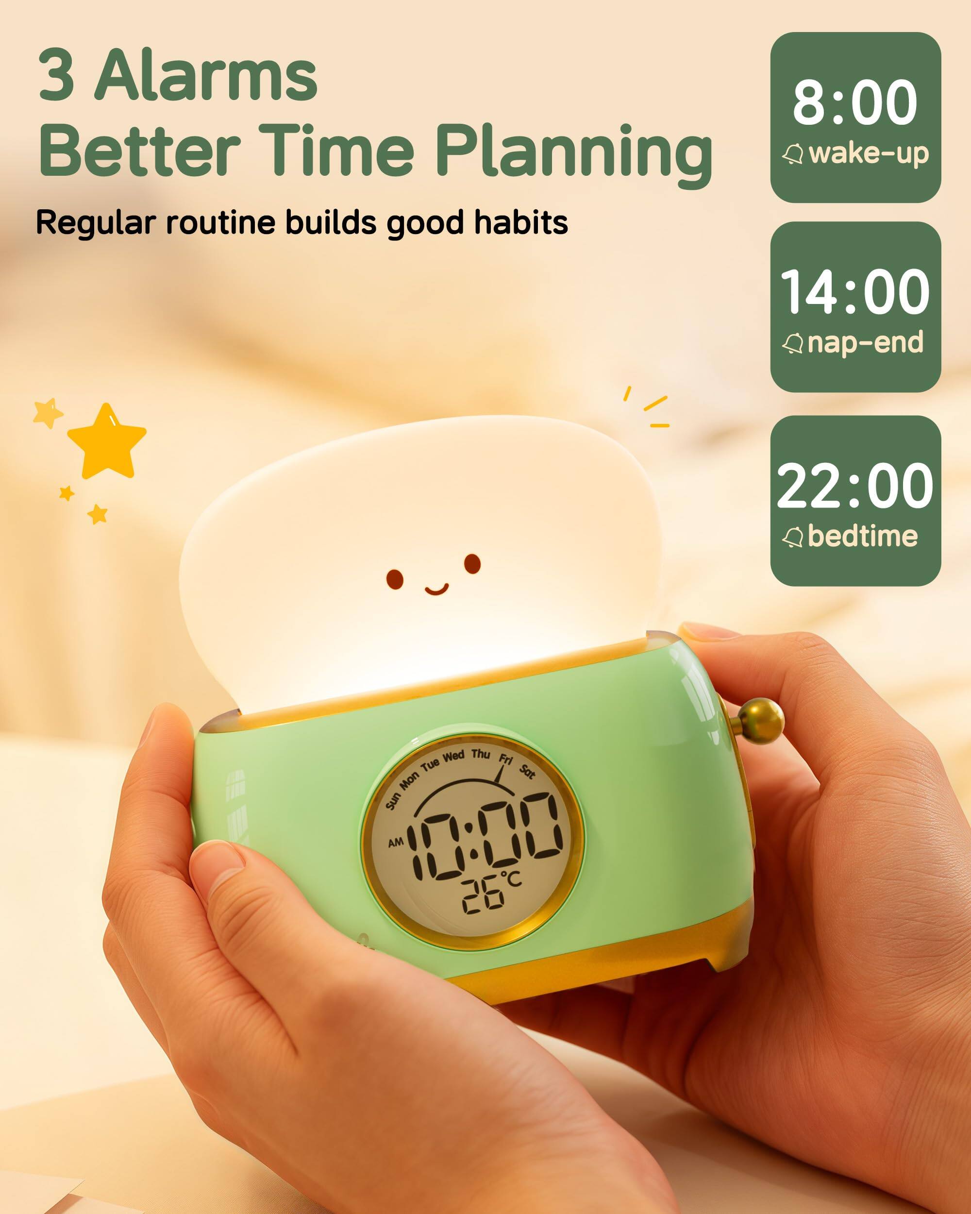 3 Alarms  
Better Time Planning  
Regular routine builds good habits  

8:00 wake-up  
14:00 nap-end  
22:00 bedtime