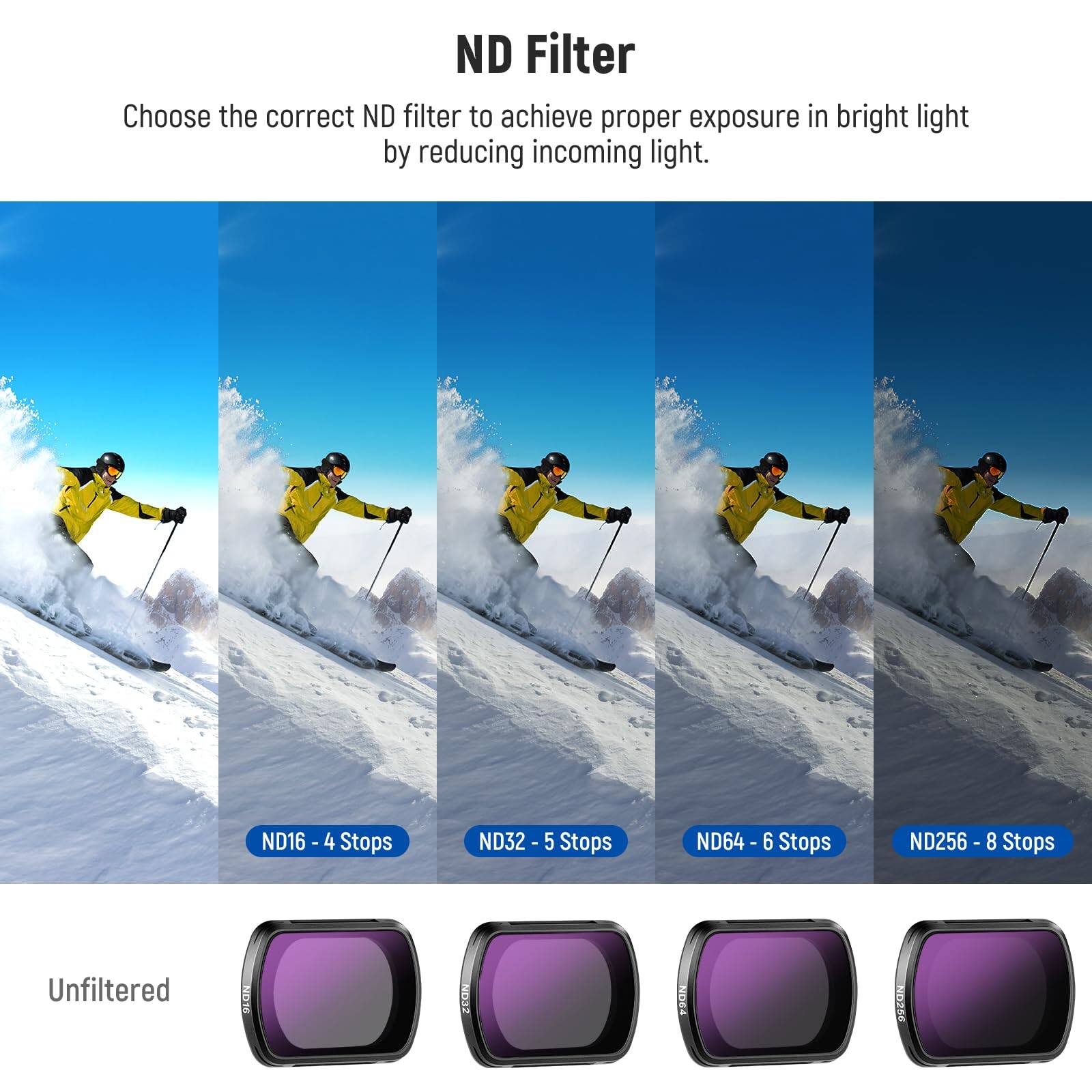 ND Filter

Choose the correct ND filter to achieve proper exposure in bright light by reducing incoming light.

ND16 - 4 Stops  
ND32 - 5 Stops  
ND64 - 6 Stops  
ND256 - 8 Stops  

Unfiltered