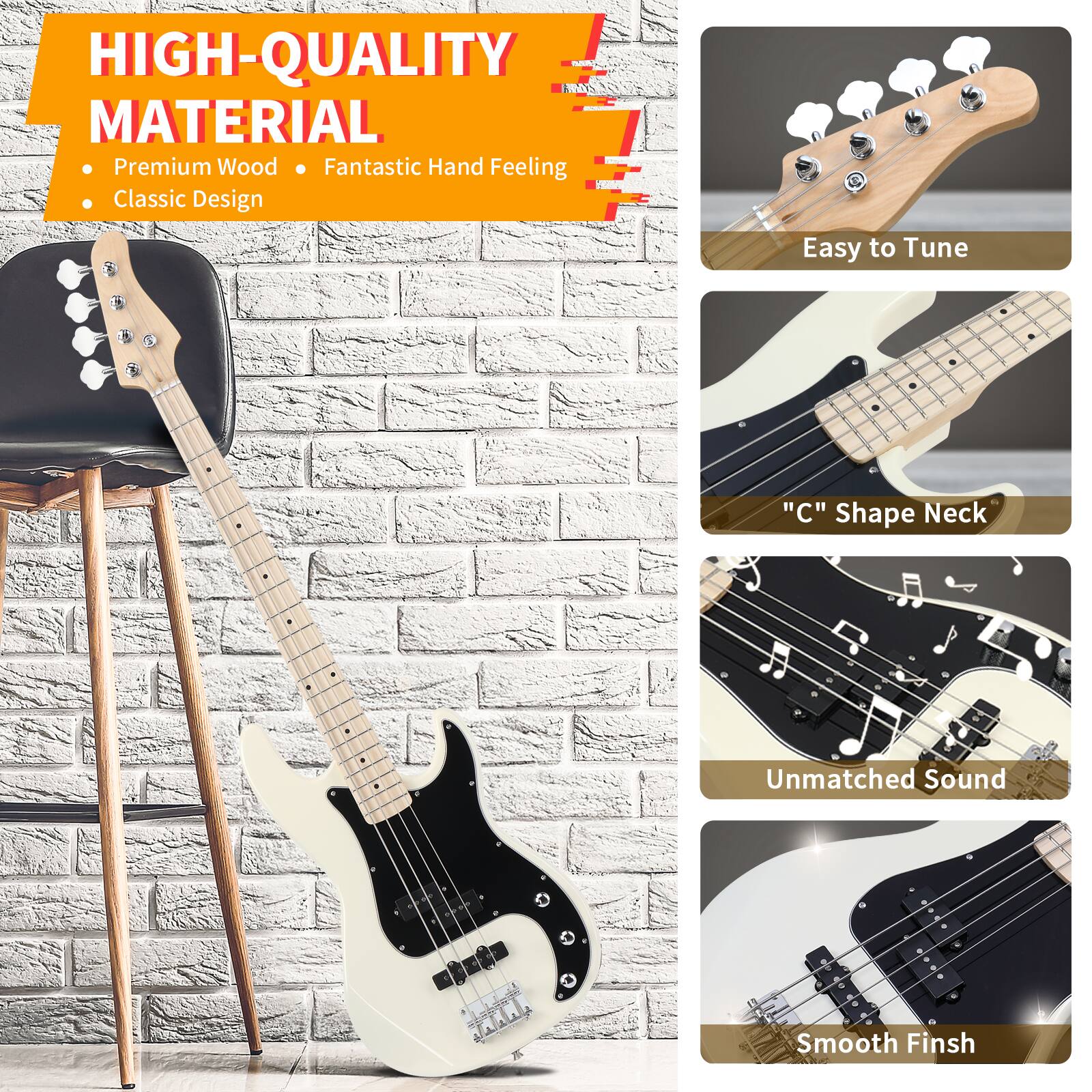 HIGH-QUALITY MATERIAL  
- Premium Wood  
- Fantastic Hand Feeling  
- Classic Design  

Easy to Tune  
"C" Shape Neck  
Unmatched Sound  
Smooth Finish